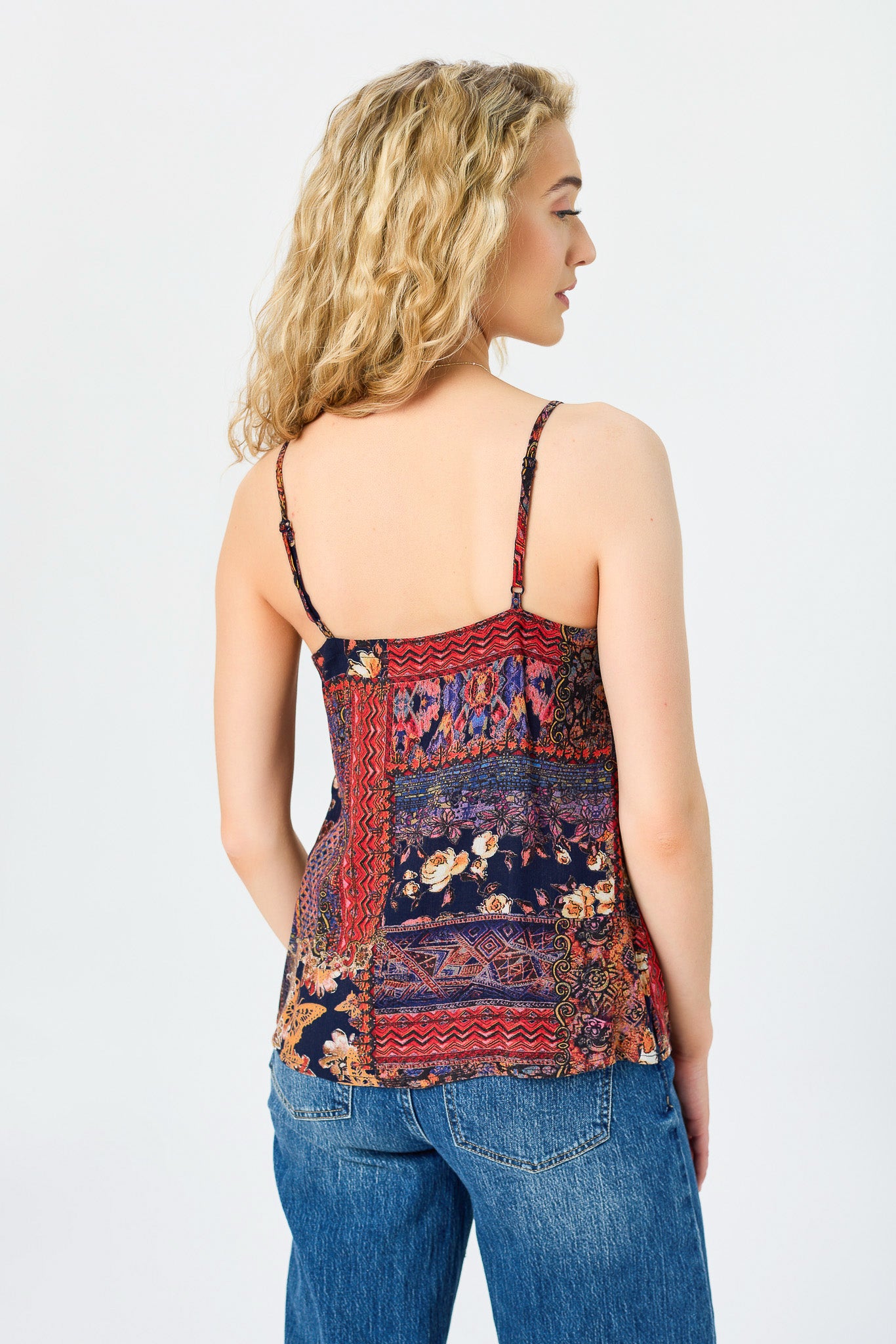 Patchwork V-Neck Spaghetti Strap Cami with Crochet Lace Insert
