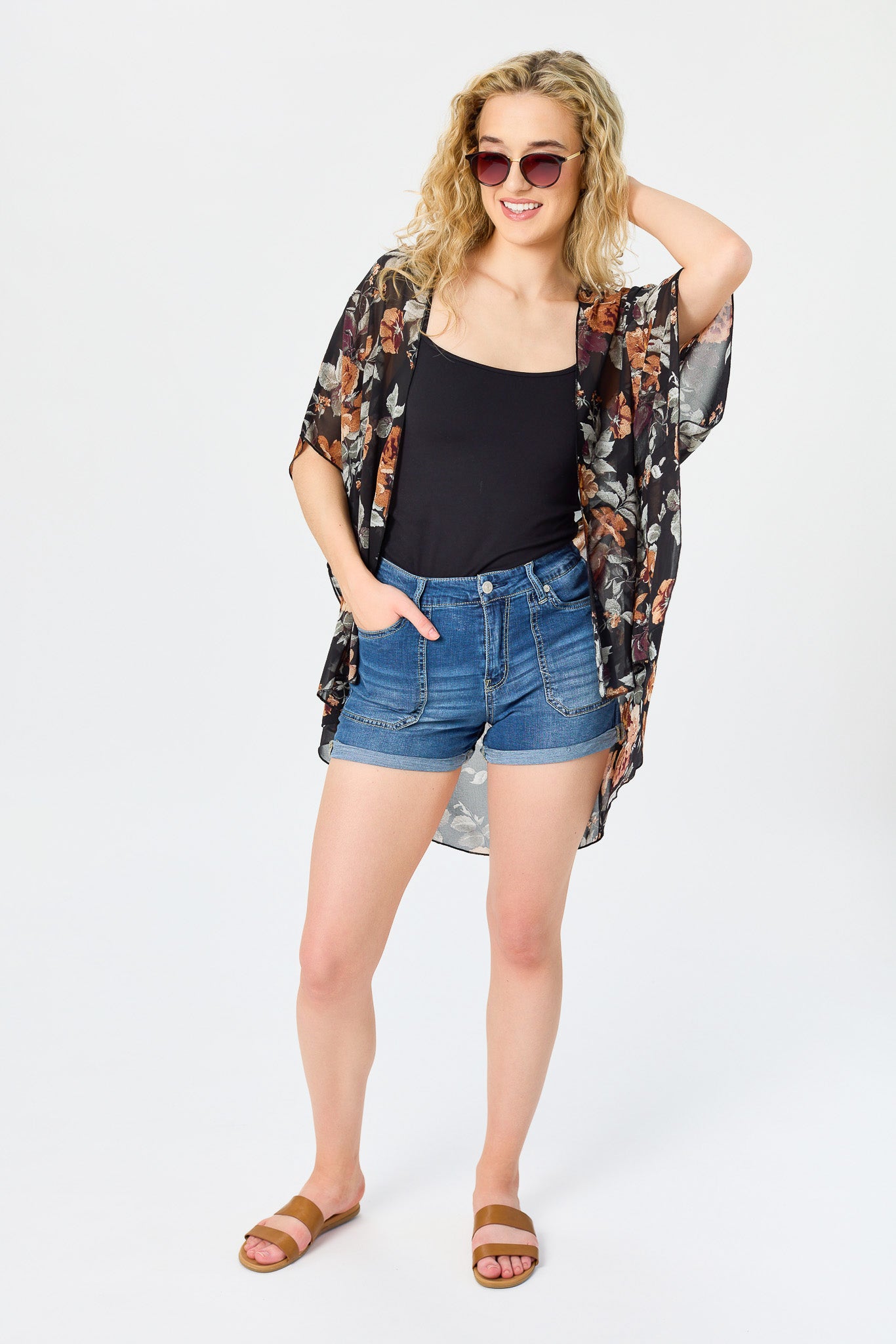 Black &amp; Rust Floral Chiffon Kimono