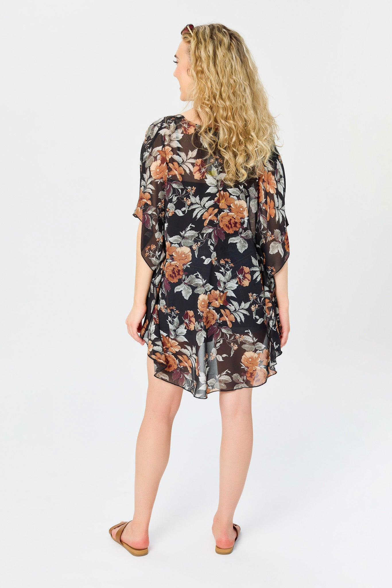 Black &amp; Rust Floral Chiffon Kimono