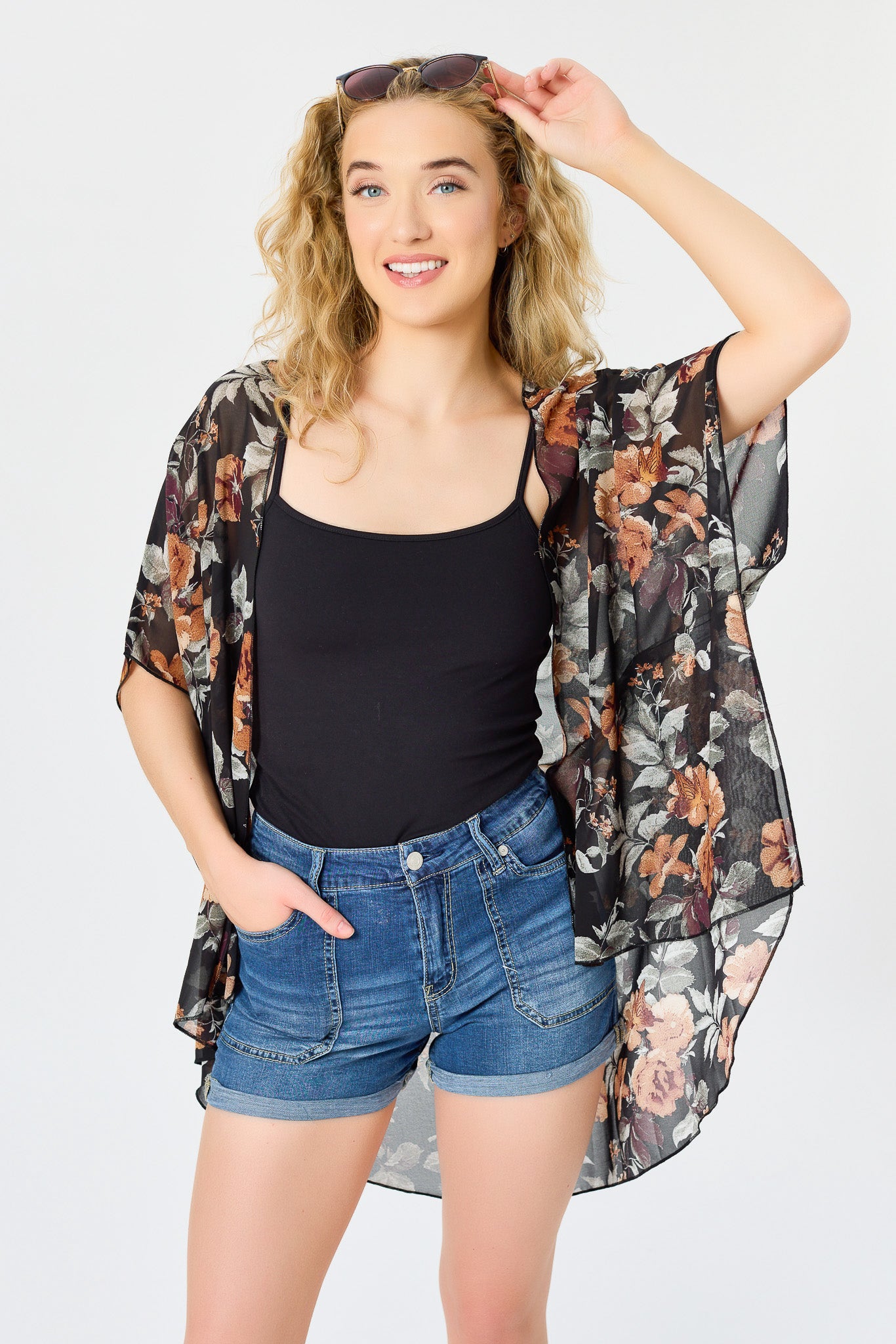Black &amp; Rust Floral Chiffon Kimono