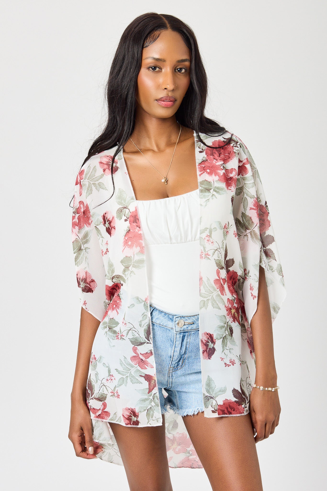 Black &amp; Rust Floral Chiffon Kimono