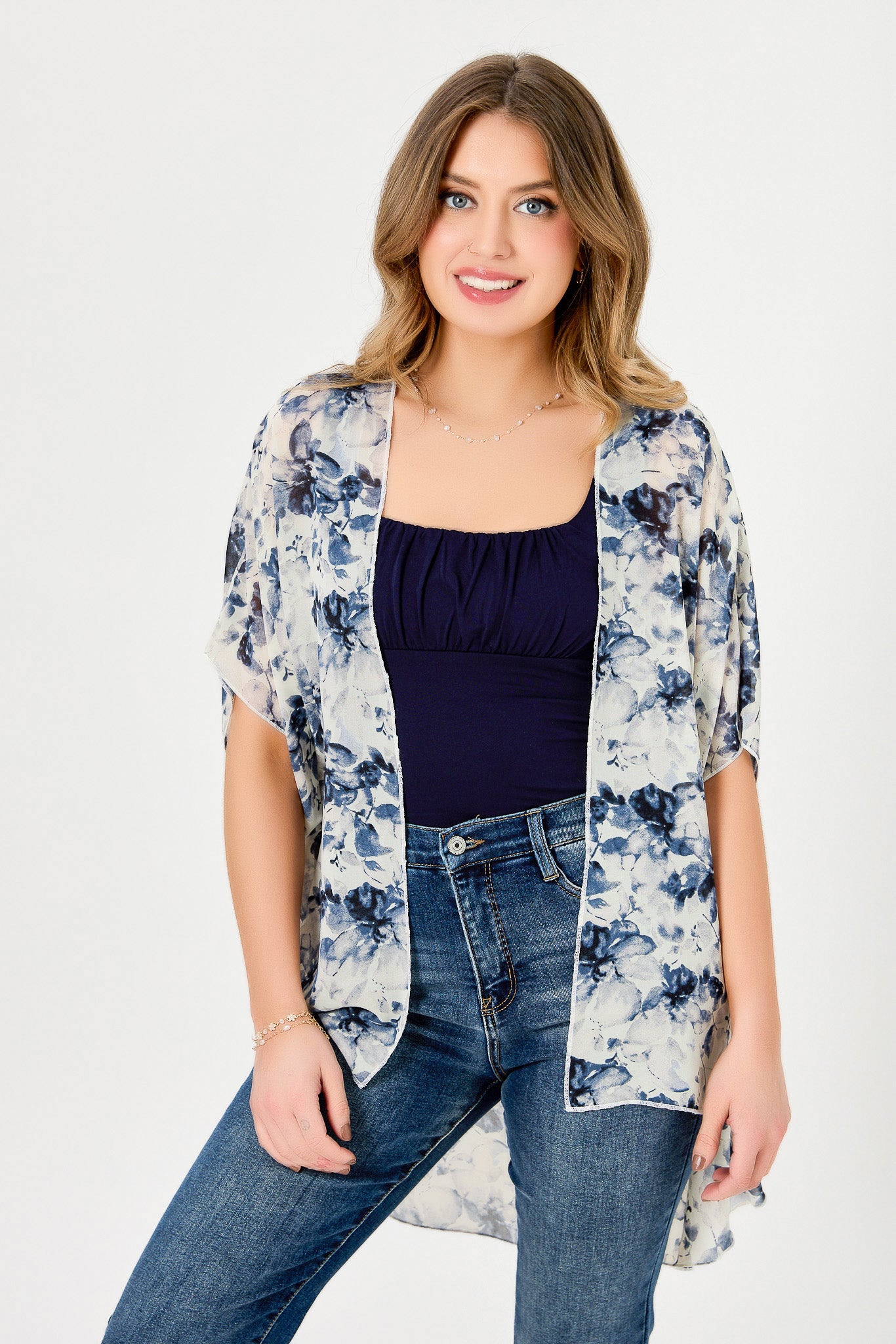 Ivory/Blue Floral Chiffon Kimono