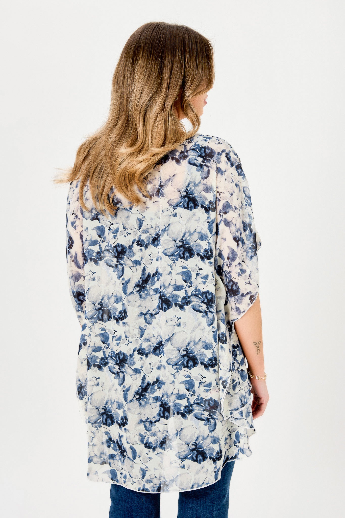 Ivory/Blue Floral Chiffon Kimono