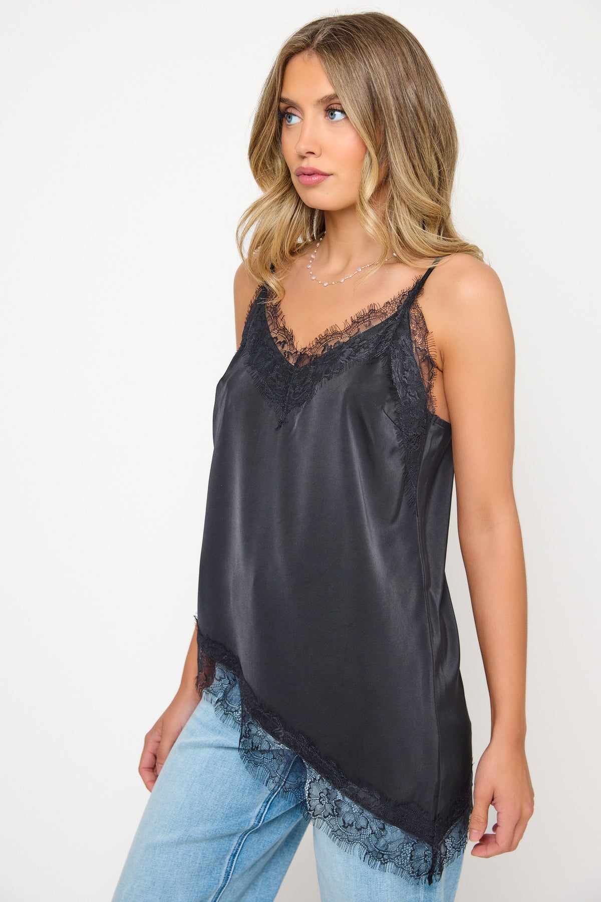 Satin Asymmetric Cami with Lace Trim