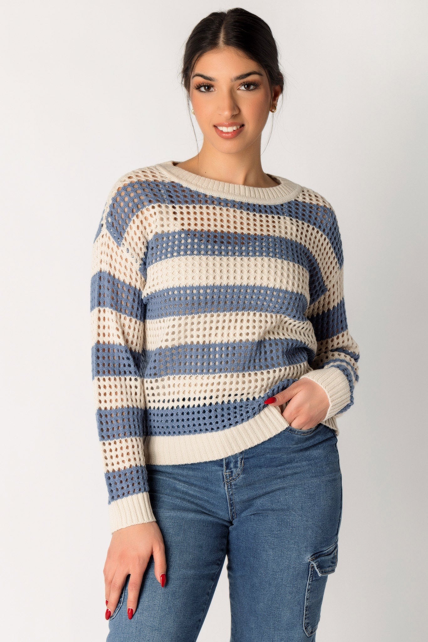 Stripe Openwork Long Sleeve Sweater