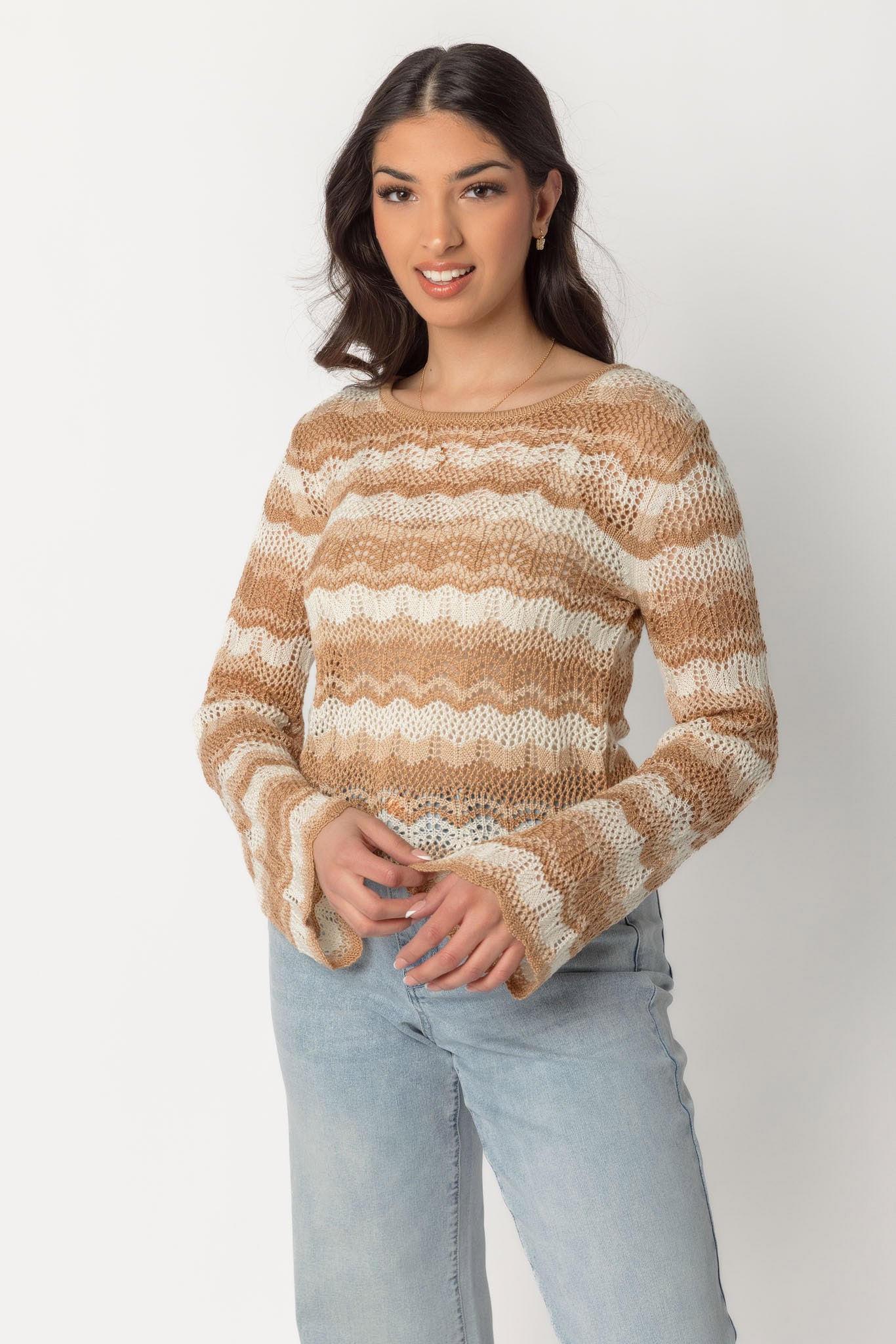 Stripe Pointelle Bell Sleeve Sweater