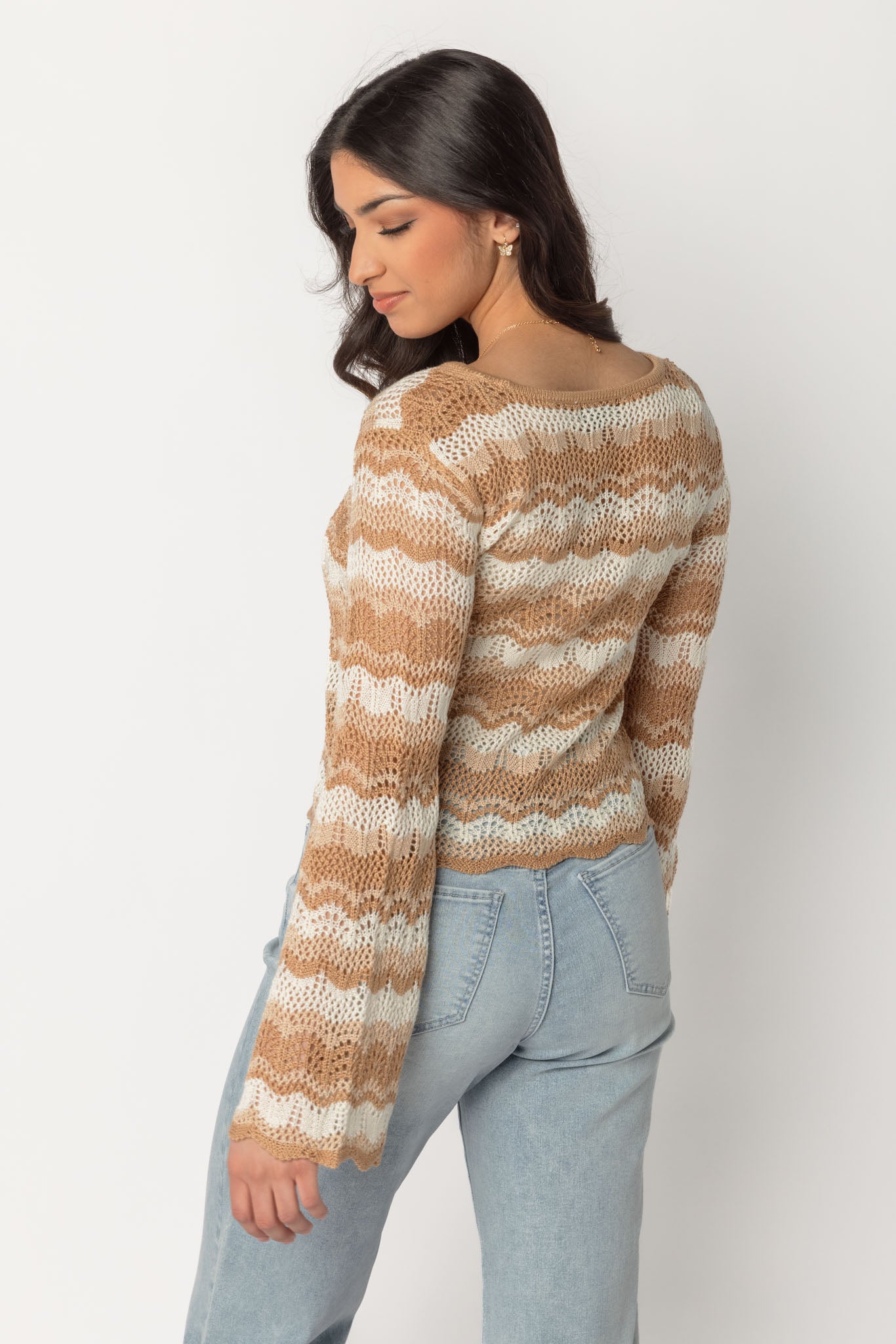 Stripe Pointelle Bell Sleeve Sweater