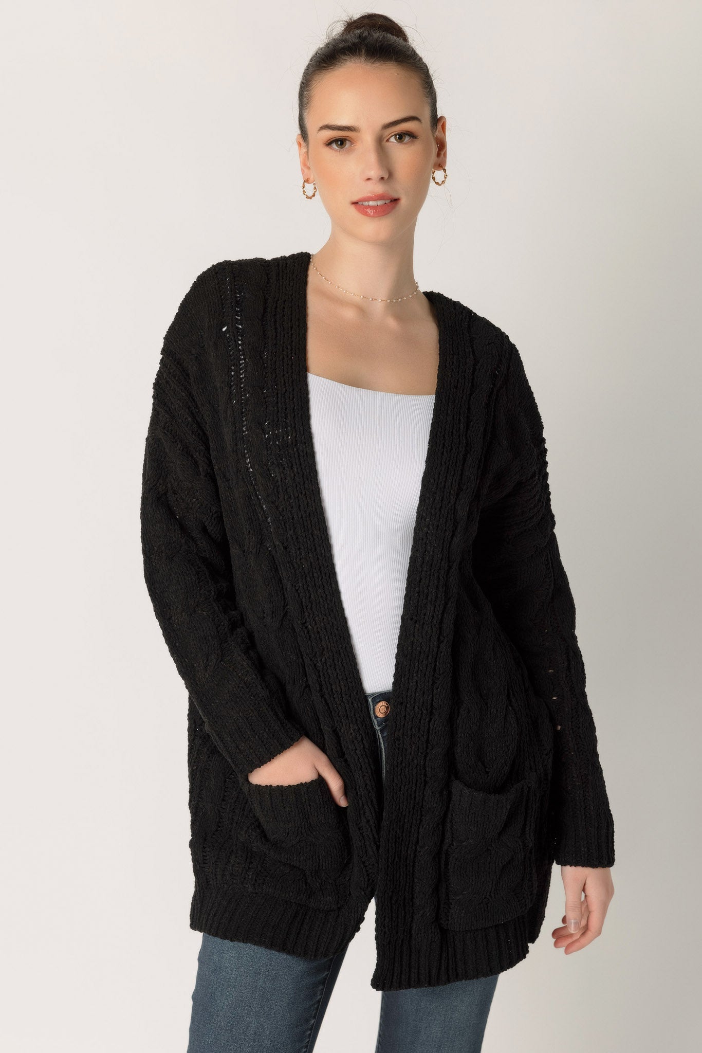 Chenille Cable Knit Open Cardigan