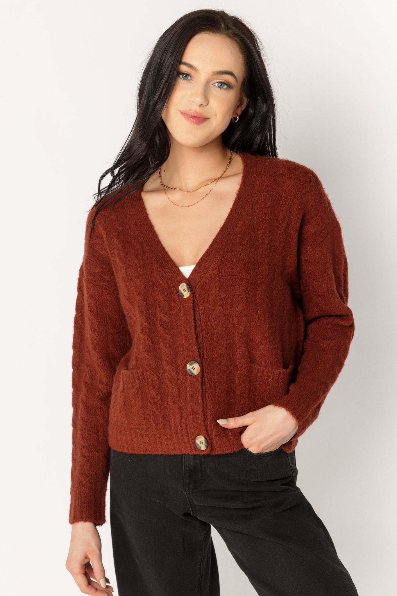 Long-Sleeve Buttoned V-Neck Cable Cardigan