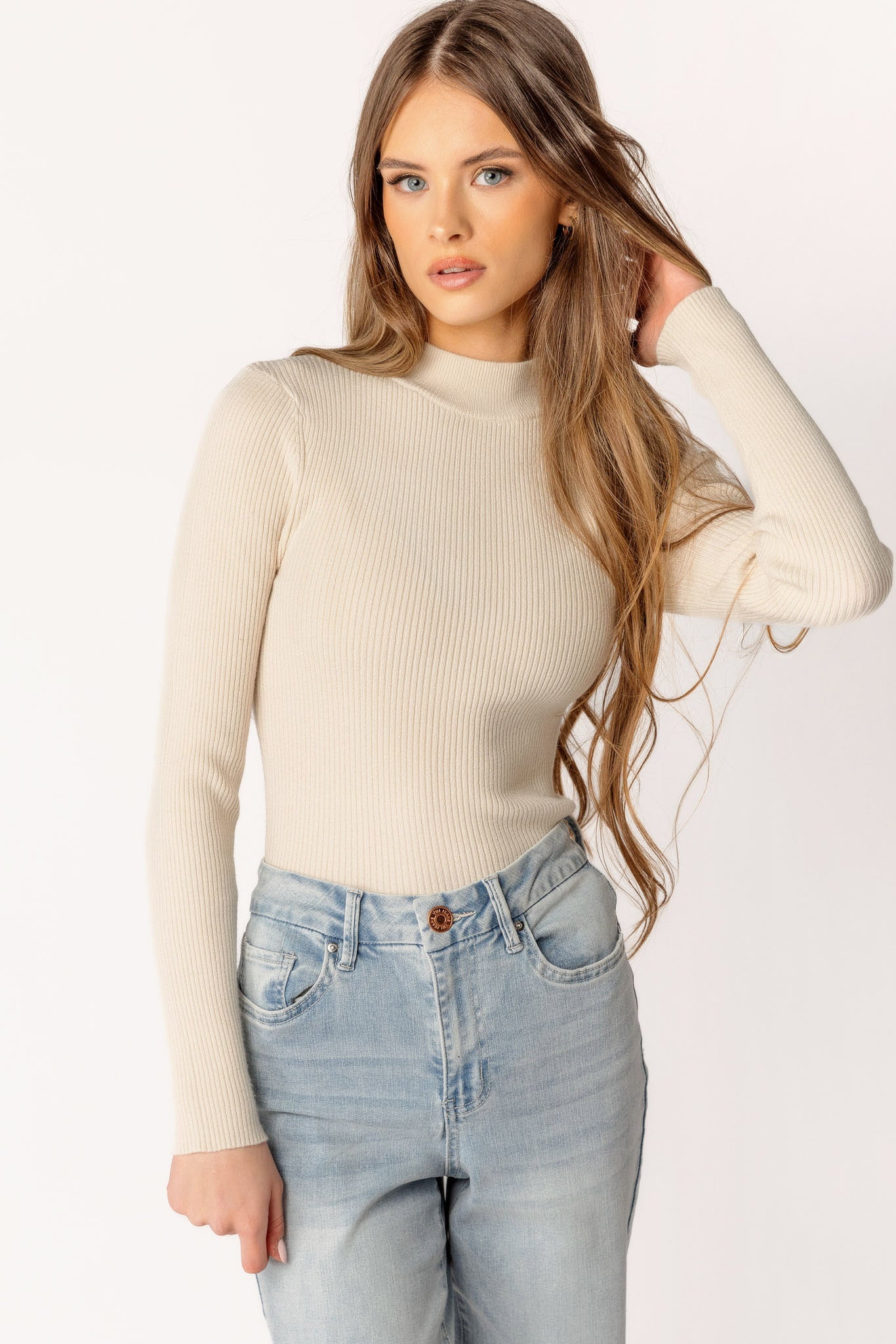 Long-Sleeve Ribbed Mockneck Sweater