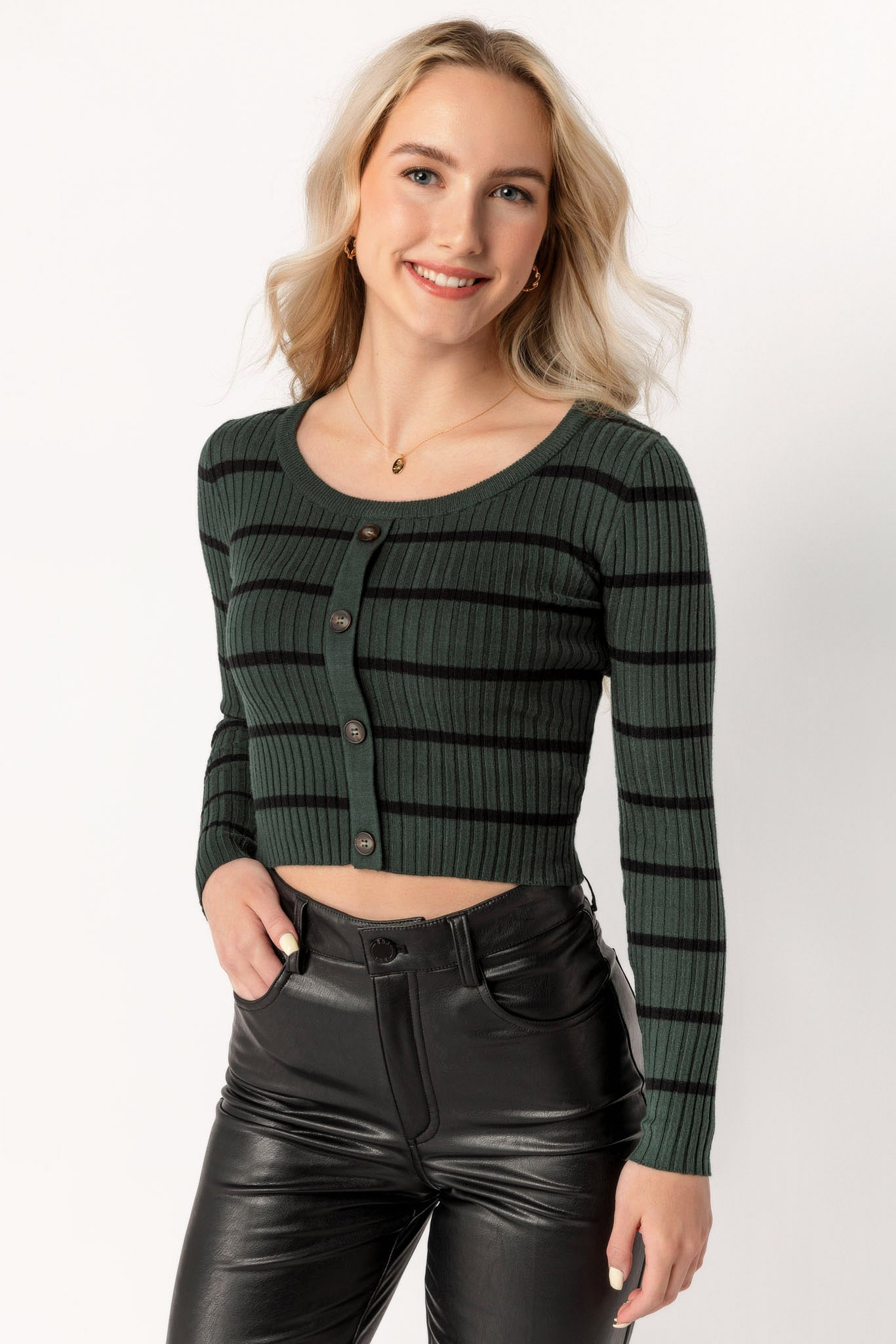Cropped Long-Sleeve Striped Sweater with Buttons