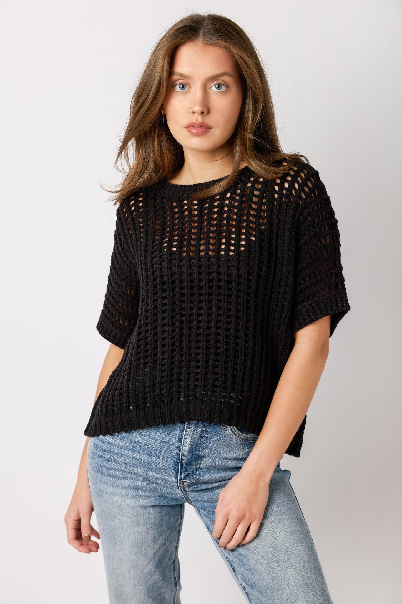 Oversized Openwork Short-Sleeve Sweater