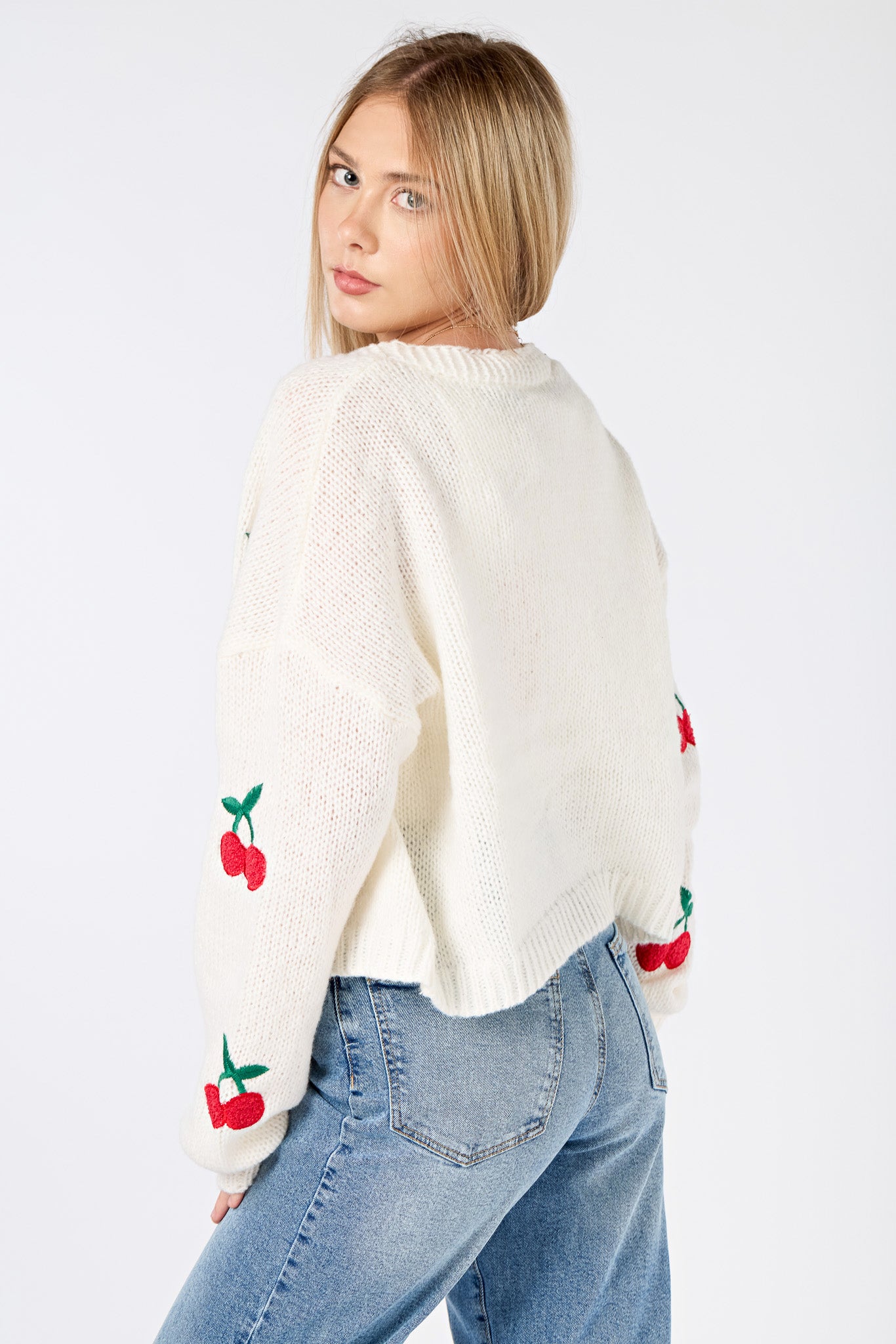 Cardigan ouvert cerises brodées