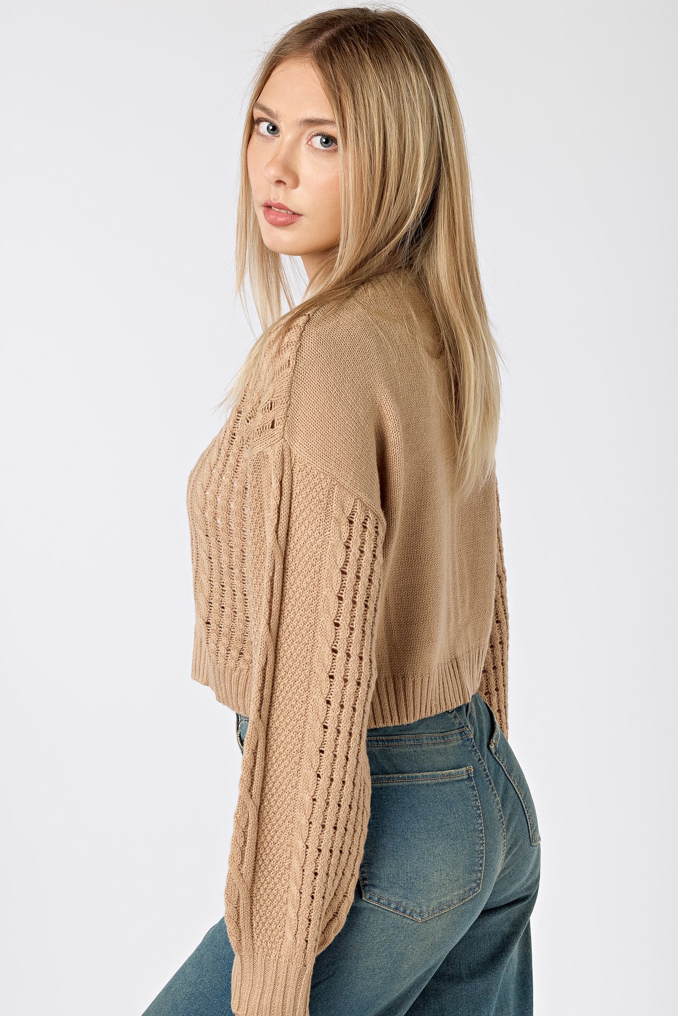 Floral Embroidered Cabled Cropped Sweater