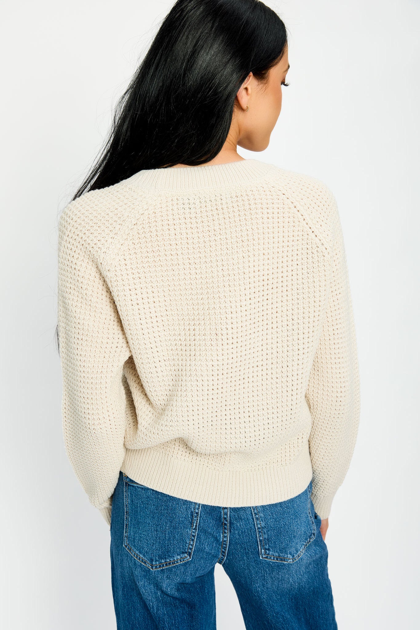 Solid Waffle-Knit Long Sleeve Sweater