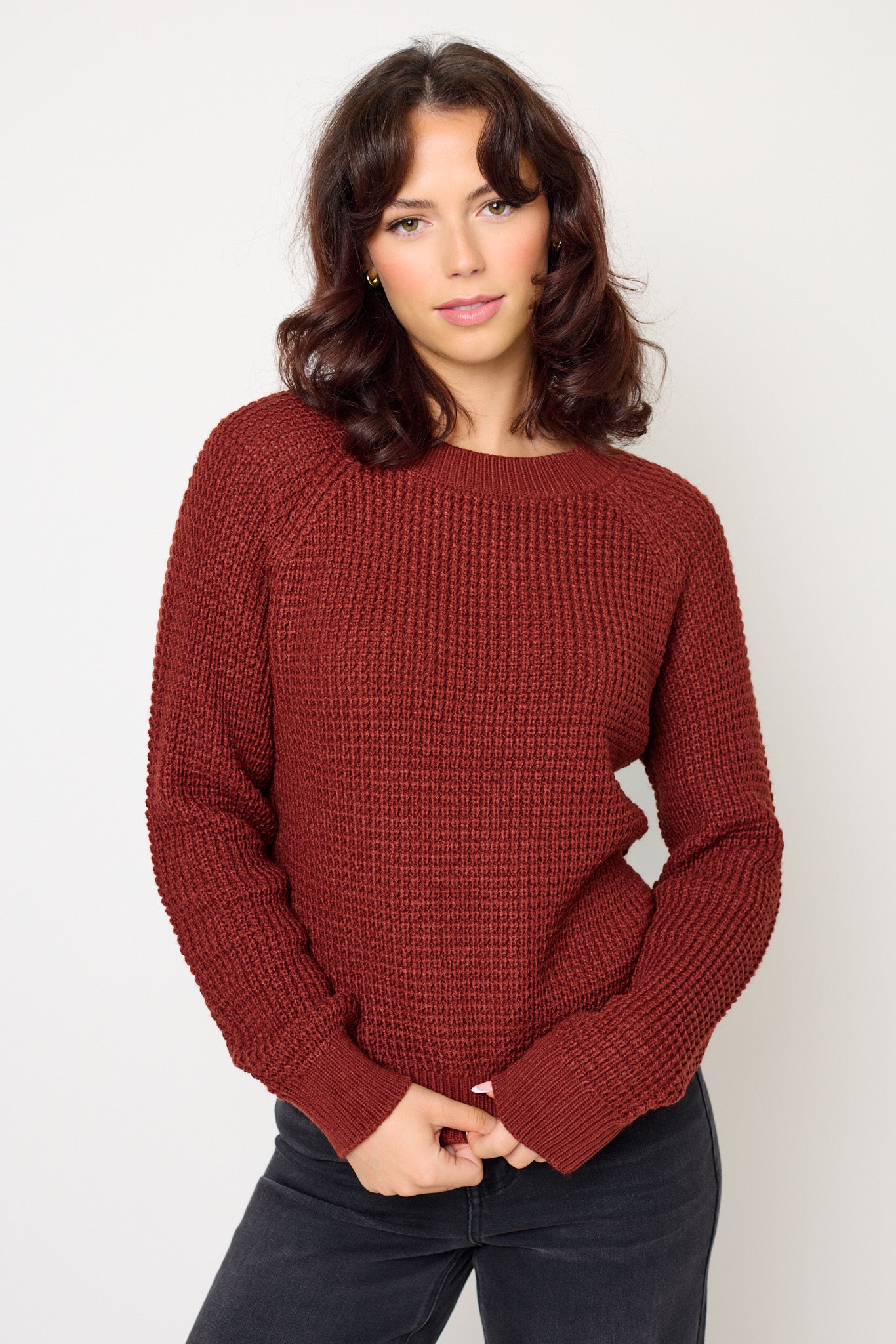 Solid Waffle-Knit Long Sleeve Sweater