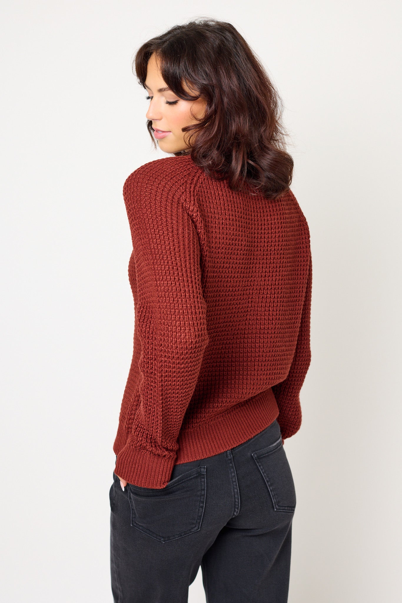 Solid Waffle-Knit Long Sleeve Sweater