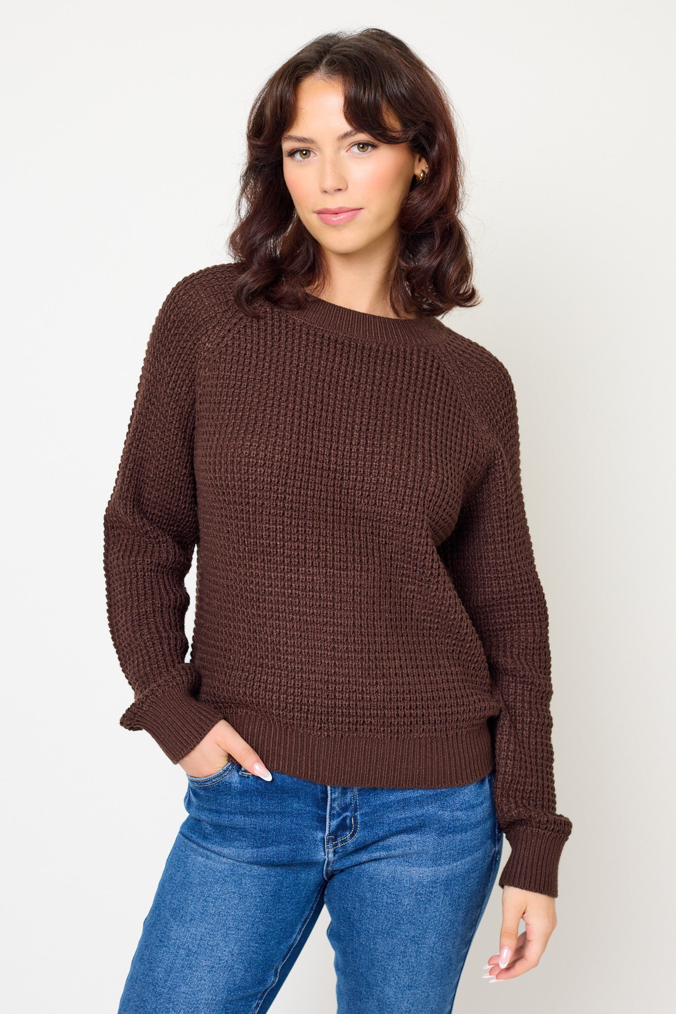 Solid Waffle-Knit Long Sleeve Sweater