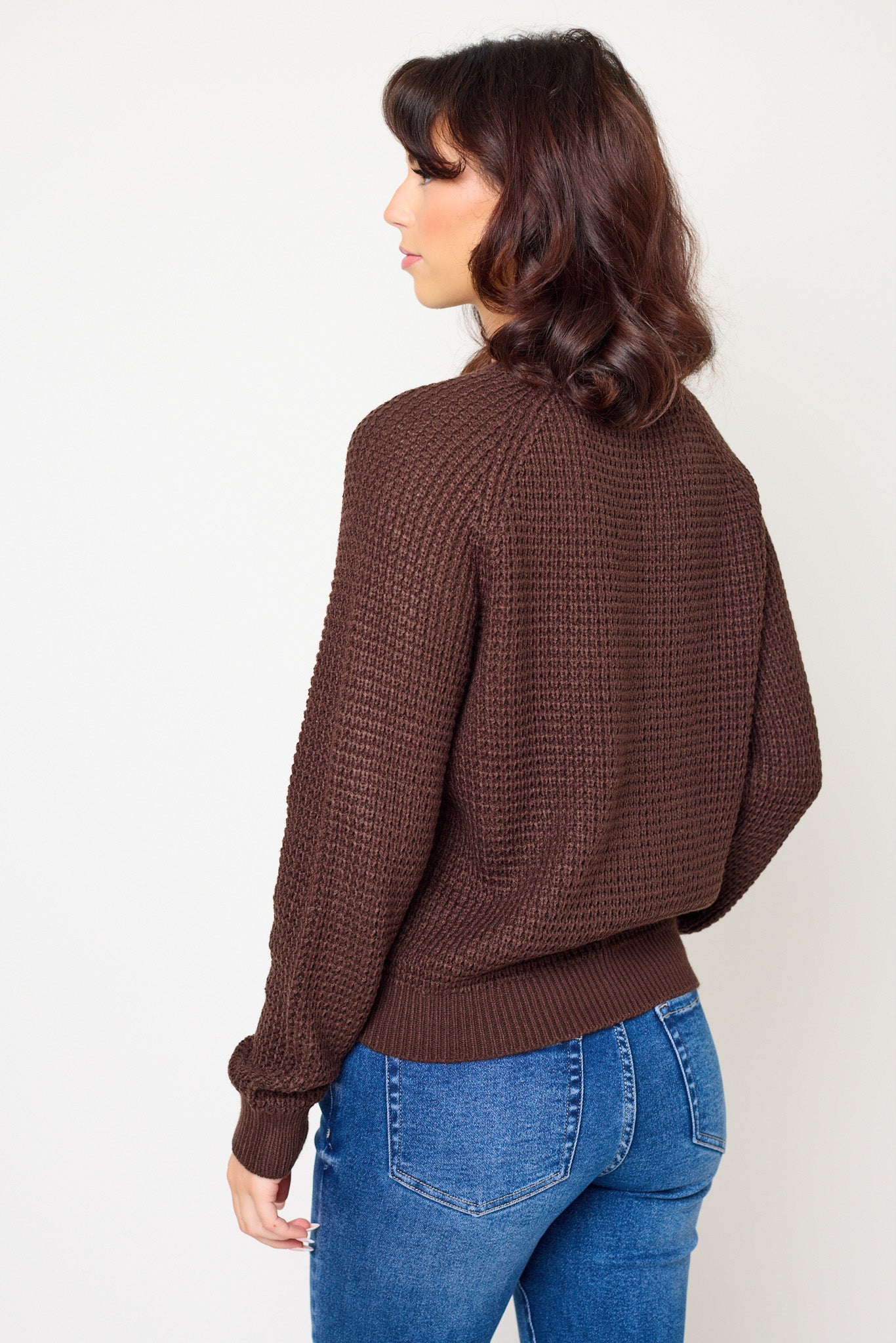 Solid Waffle-Knit Long Sleeve Sweater