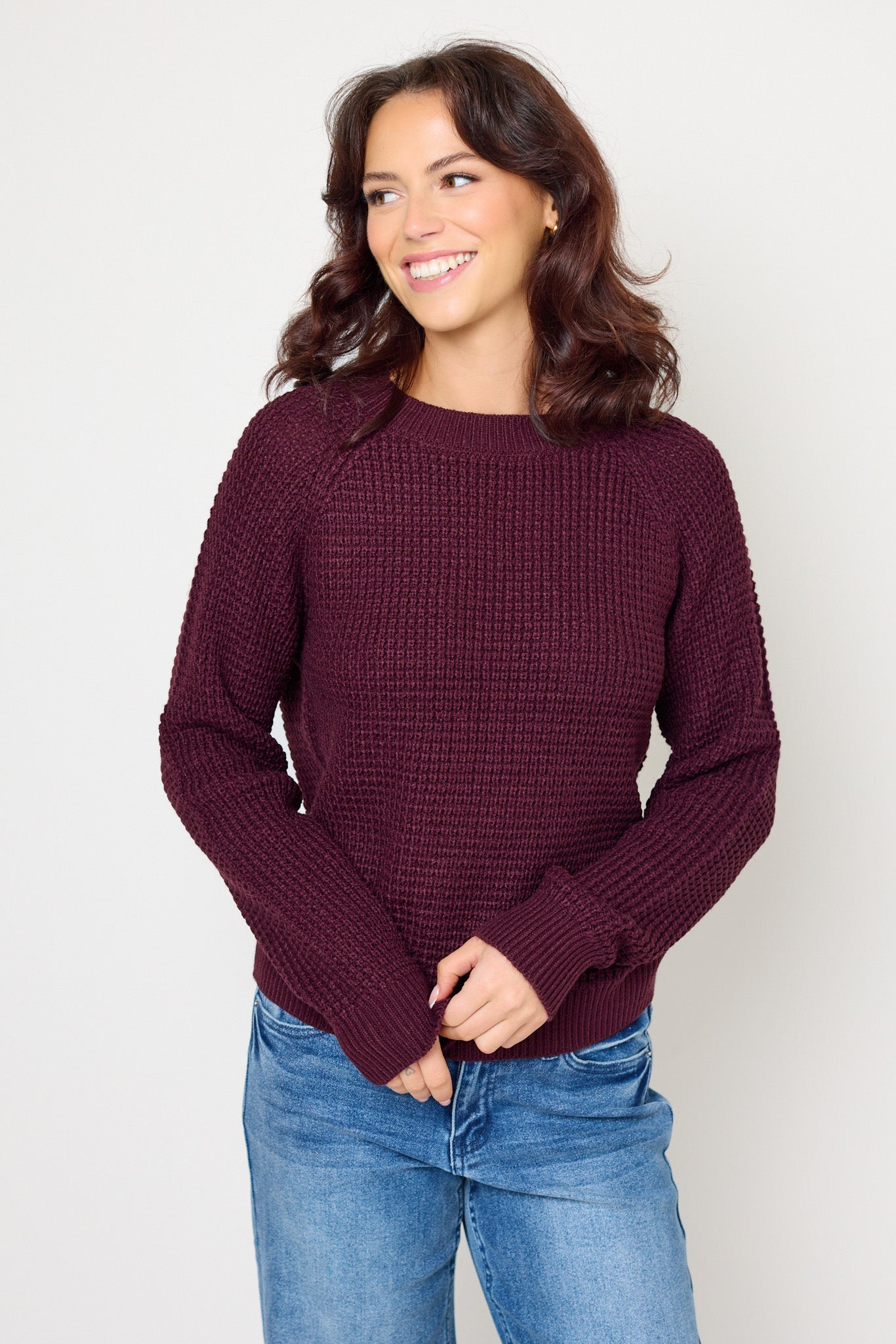 Solid Waffle-Knit Long Sleeve Sweater