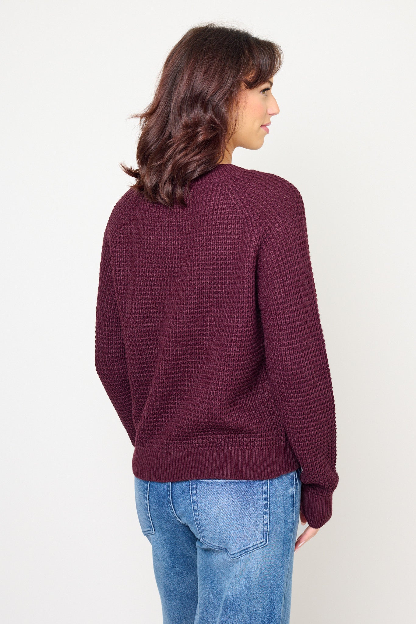 Solid Waffle-Knit Long Sleeve Sweater