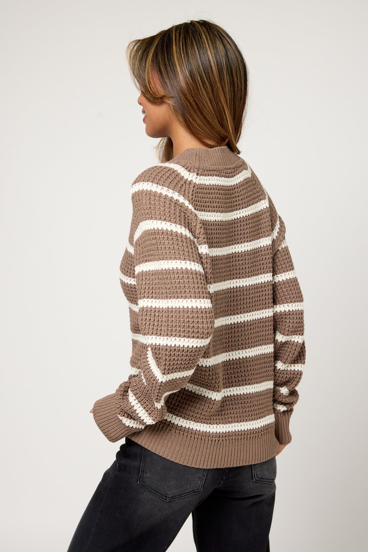 Striped Waffle-Knit Long Sleeve Sweater