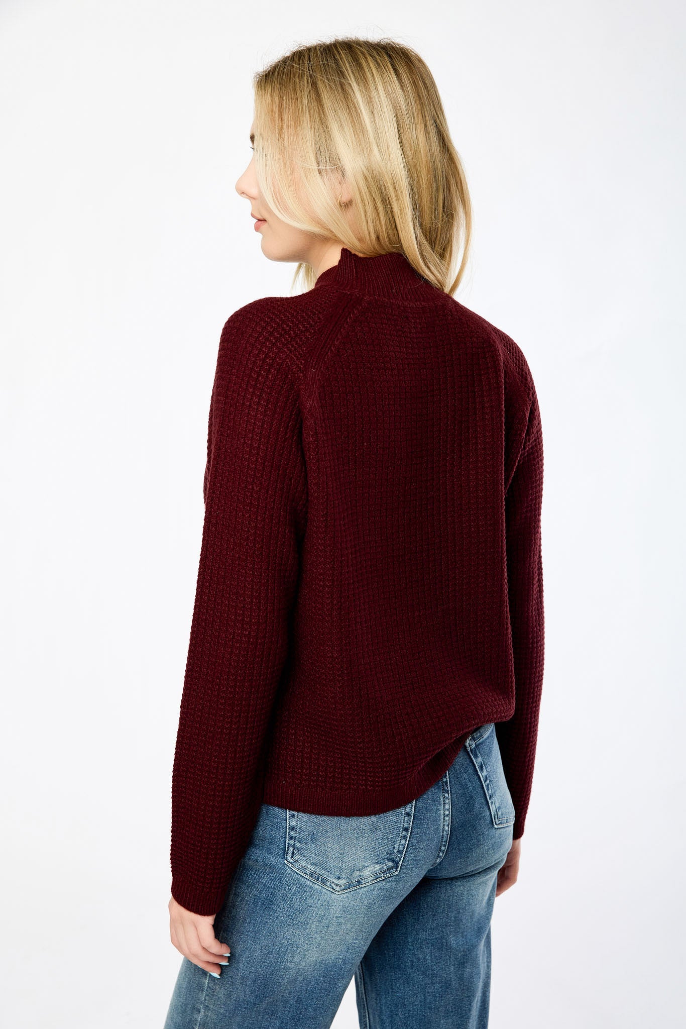 Waffle-Knit Mock-Neck Sweater