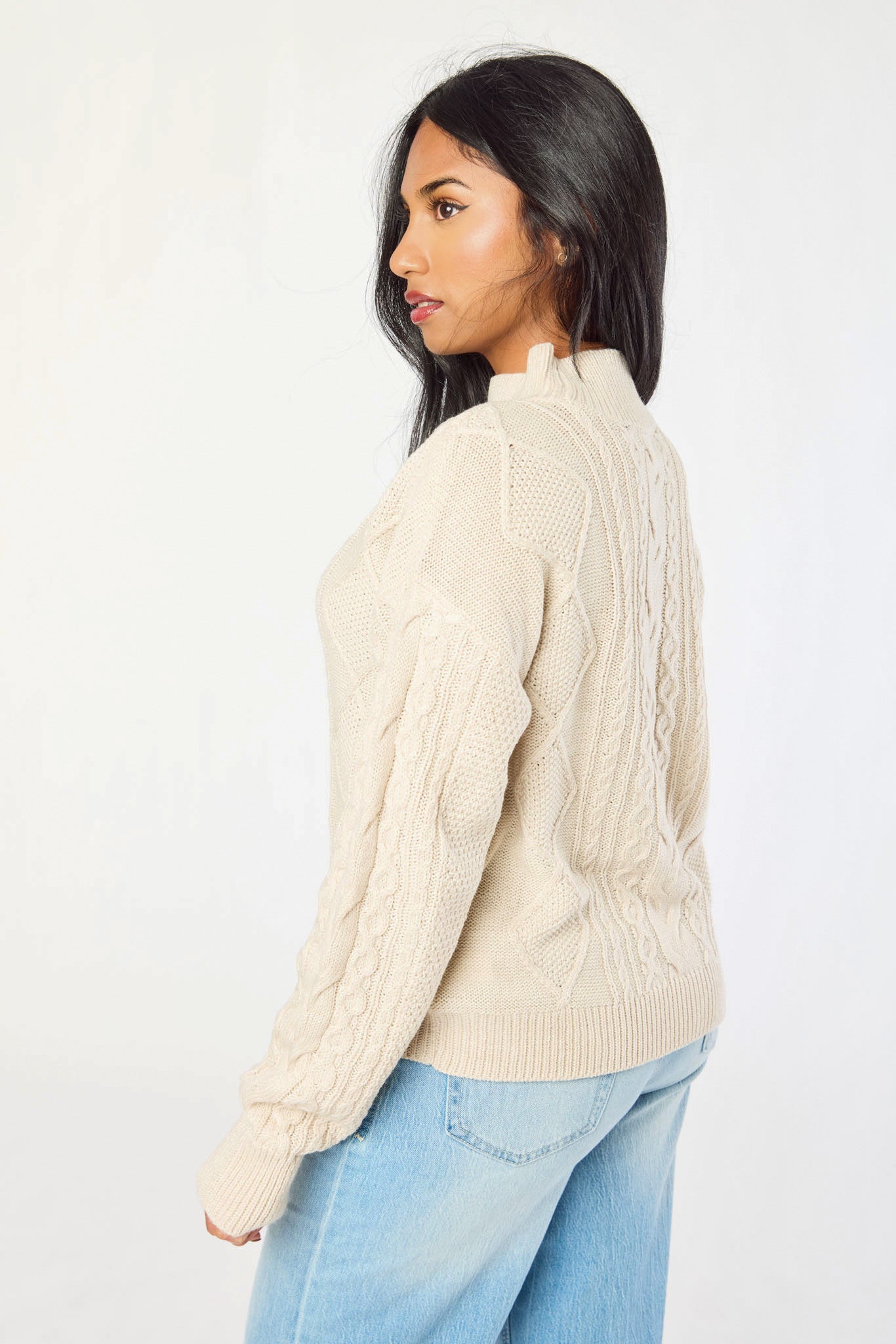 Mock-Neck Long-Sleeve Cable-Knit Sweater