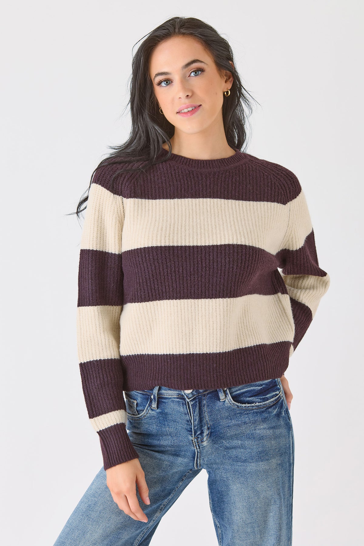 Wide Stripe Crew-Neck Long Sleeve Sweater