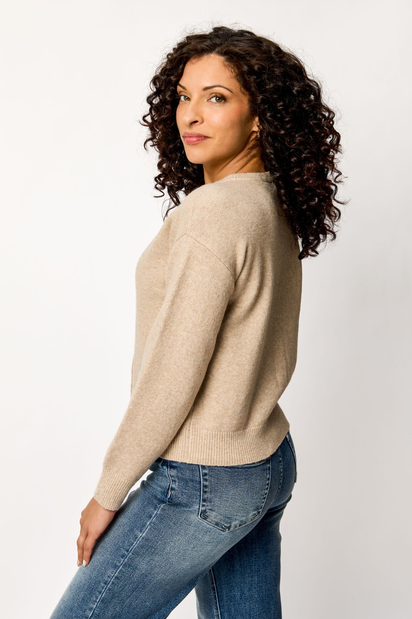 Crew-Neck Long Sleeve Button-Front Cardigan