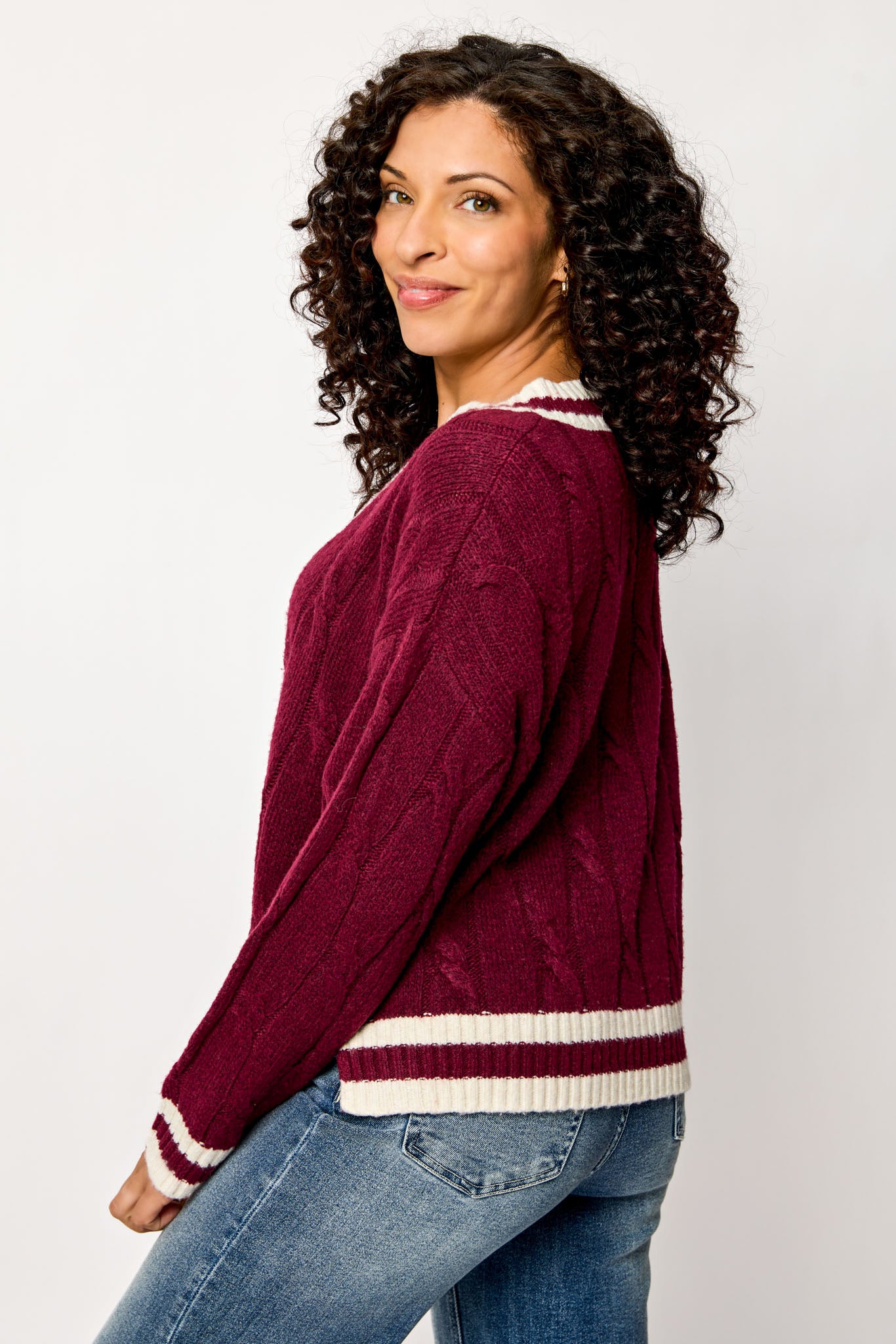 Varsity V-Neck Cable-Knit Sweater