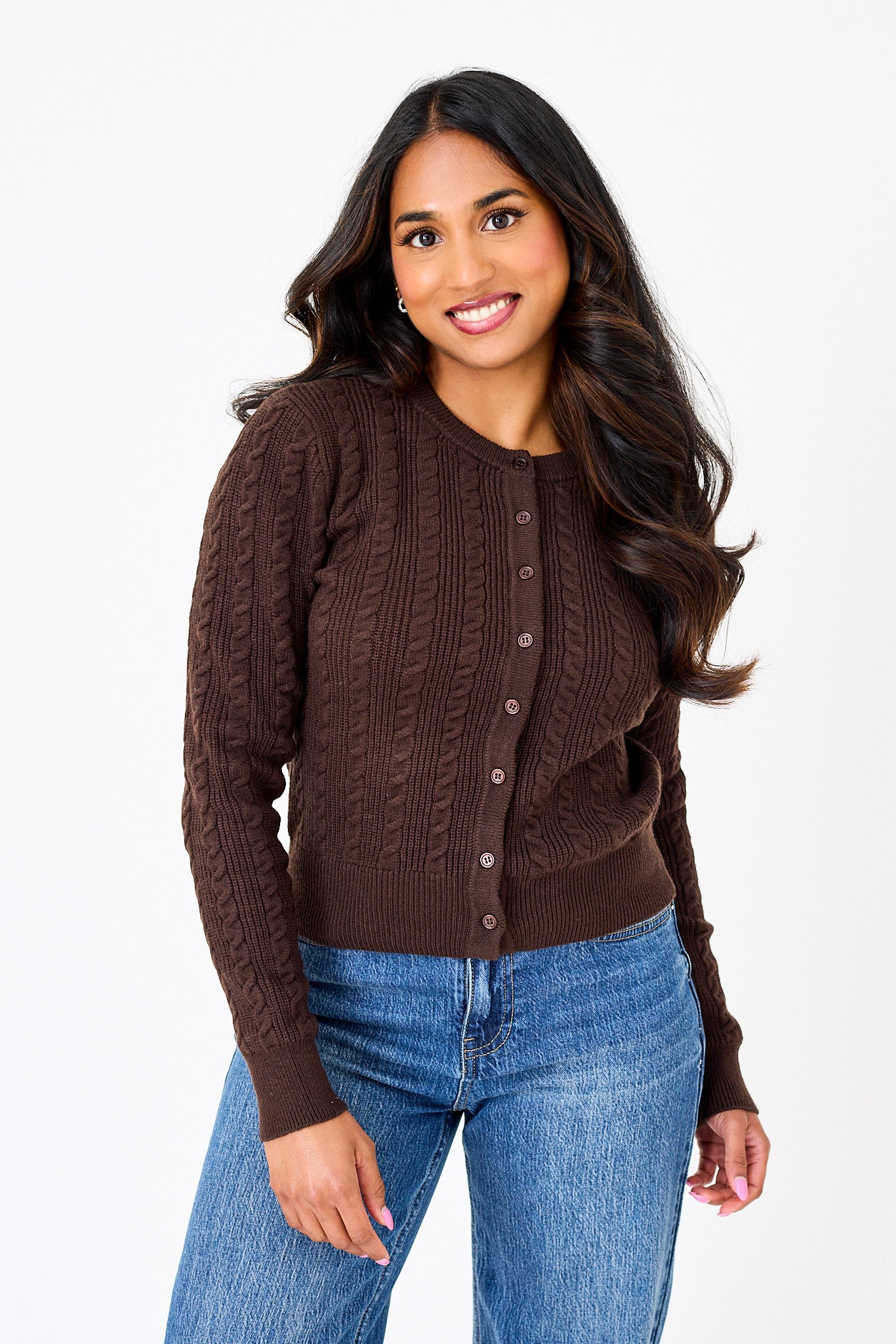 Scoop-Neck Cable Knit Cardigan