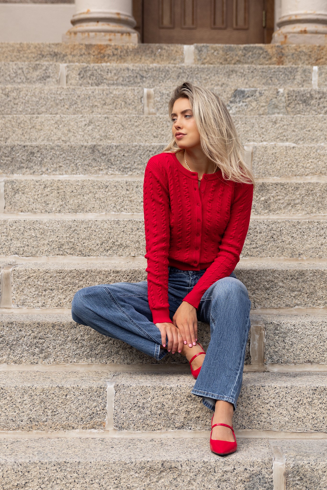 Scoop-Neck Cable Knit Cardigan