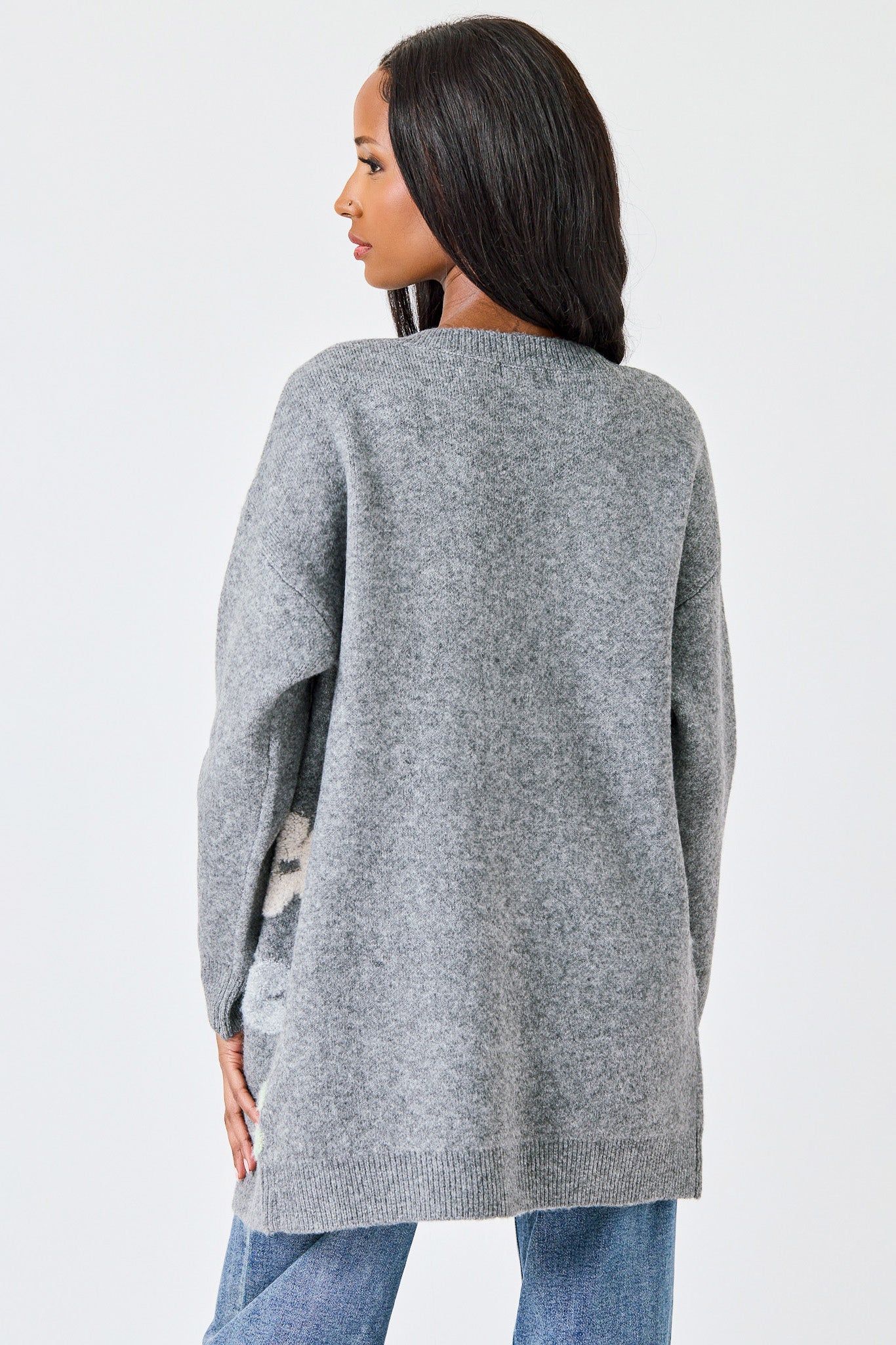 Long-Sleeve Open Cardigan with Puff Flowers