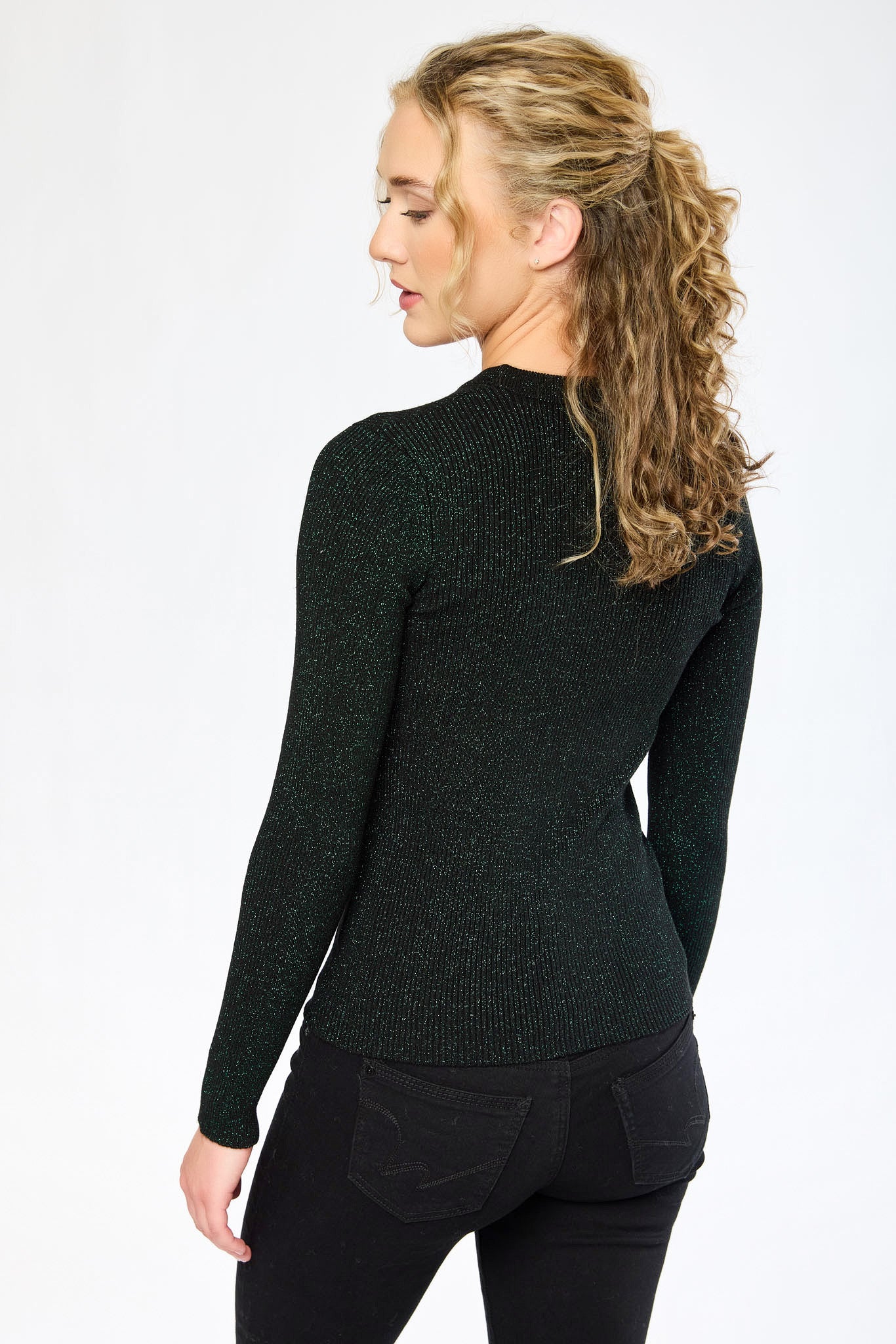 Metallic Ribbed Long-Sleeve Crew-Neck Top