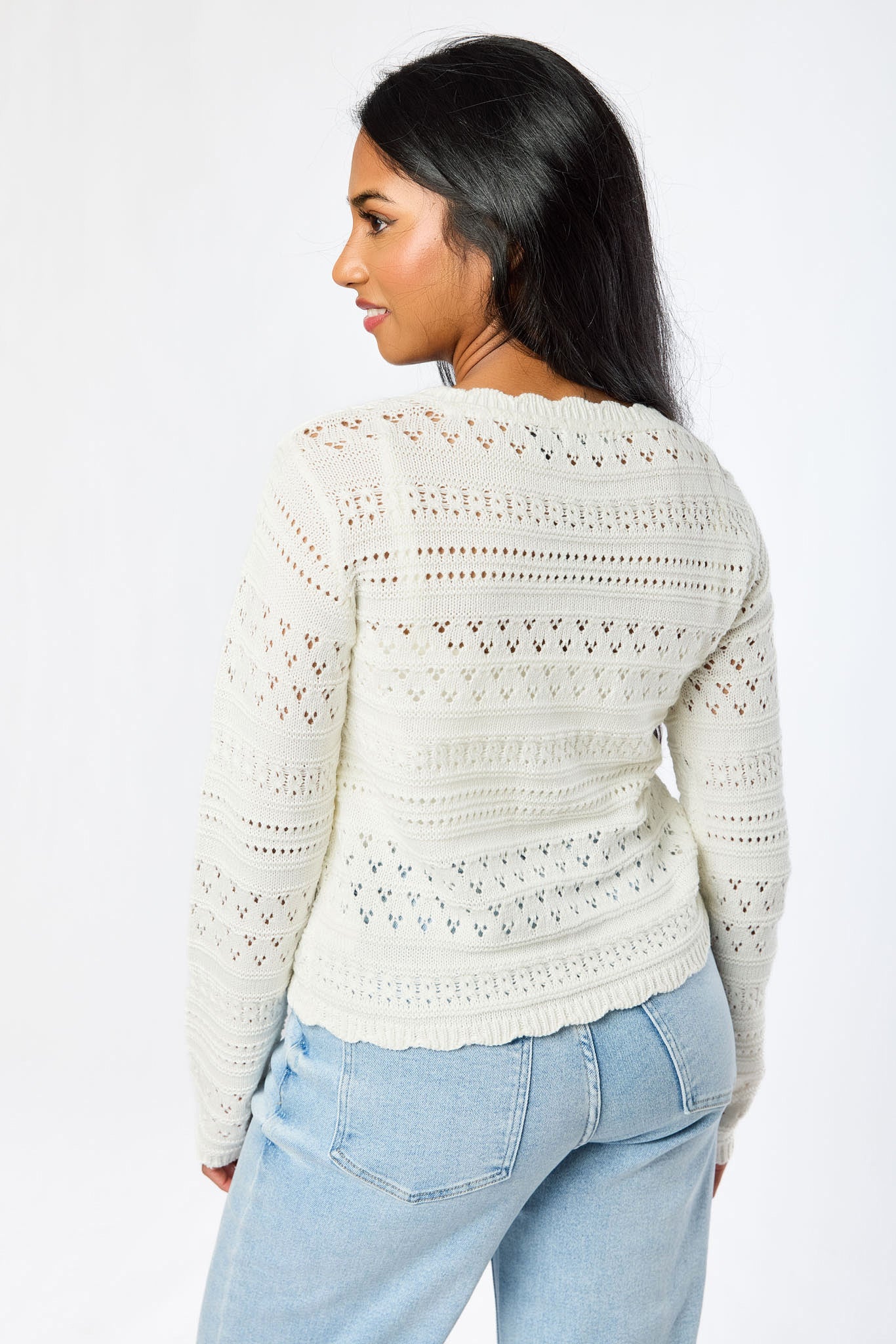 Pointelle Button-Front Cardigan with Scallop Neckline