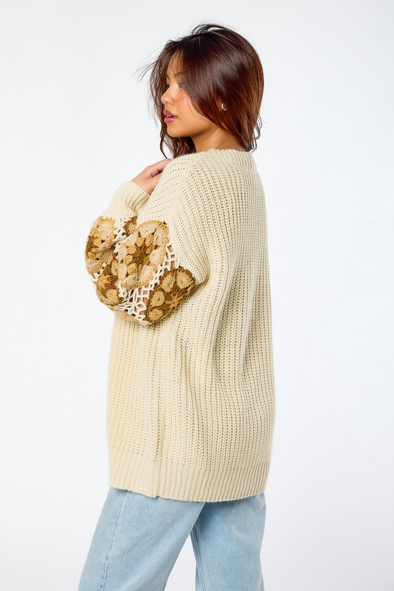 Shaker Knit Open Cardigan with Granny Square Sleeves