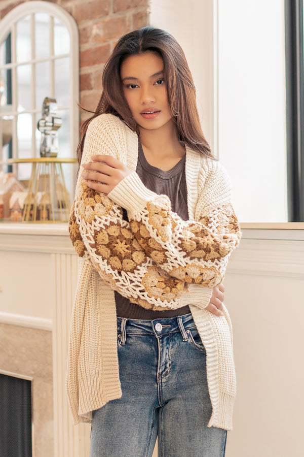 Shaker Knit Open Cardigan with Granny Square Sleeves