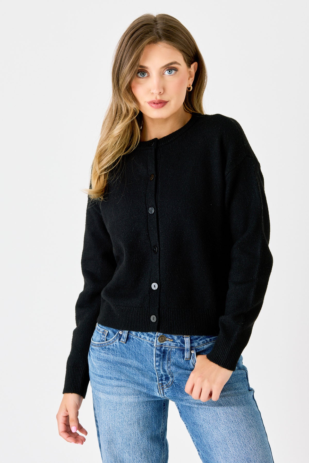CozyLuxe Button-Front Crewneck Cardigan