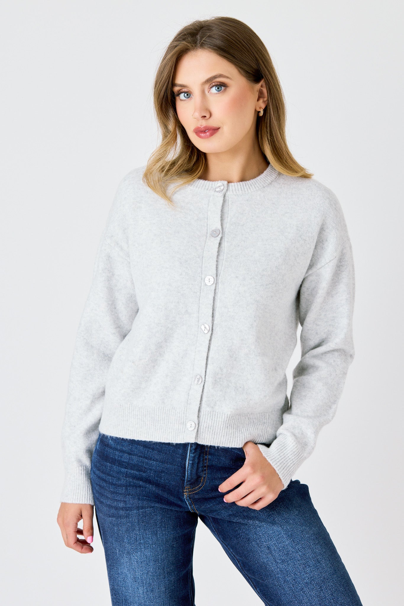 CozyLuxe Button-Front Crewneck Cardigan