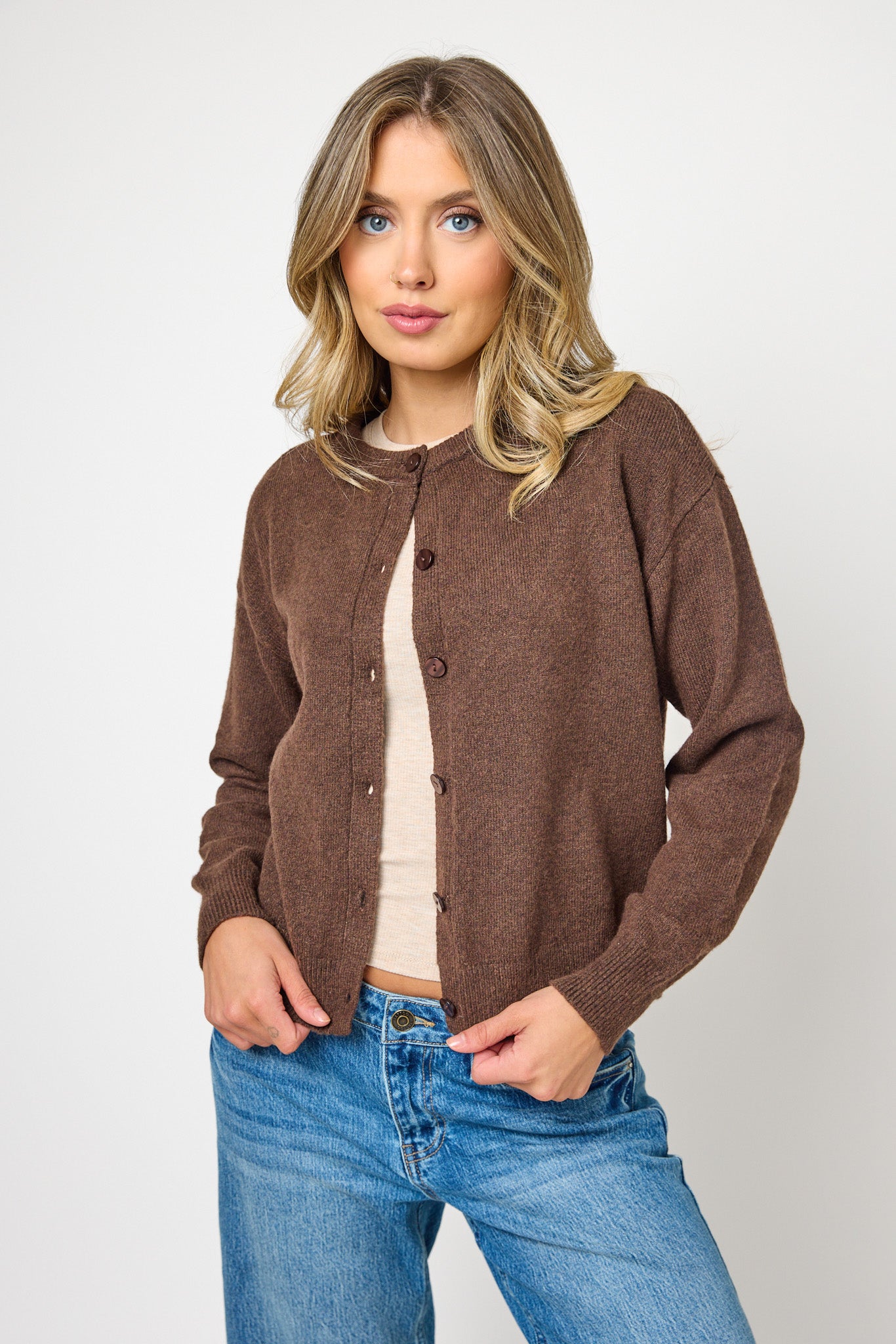 CozyLuxe Button-Front Crewneck Cardigan