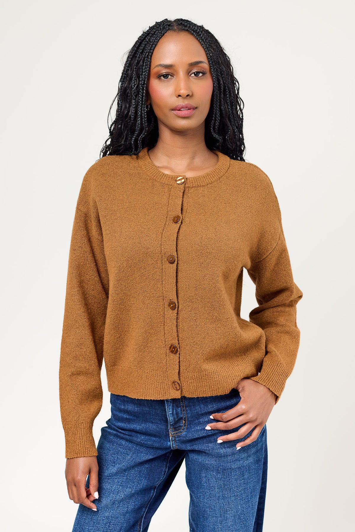 CozyLuxe Button-Front Crewneck Cardigan