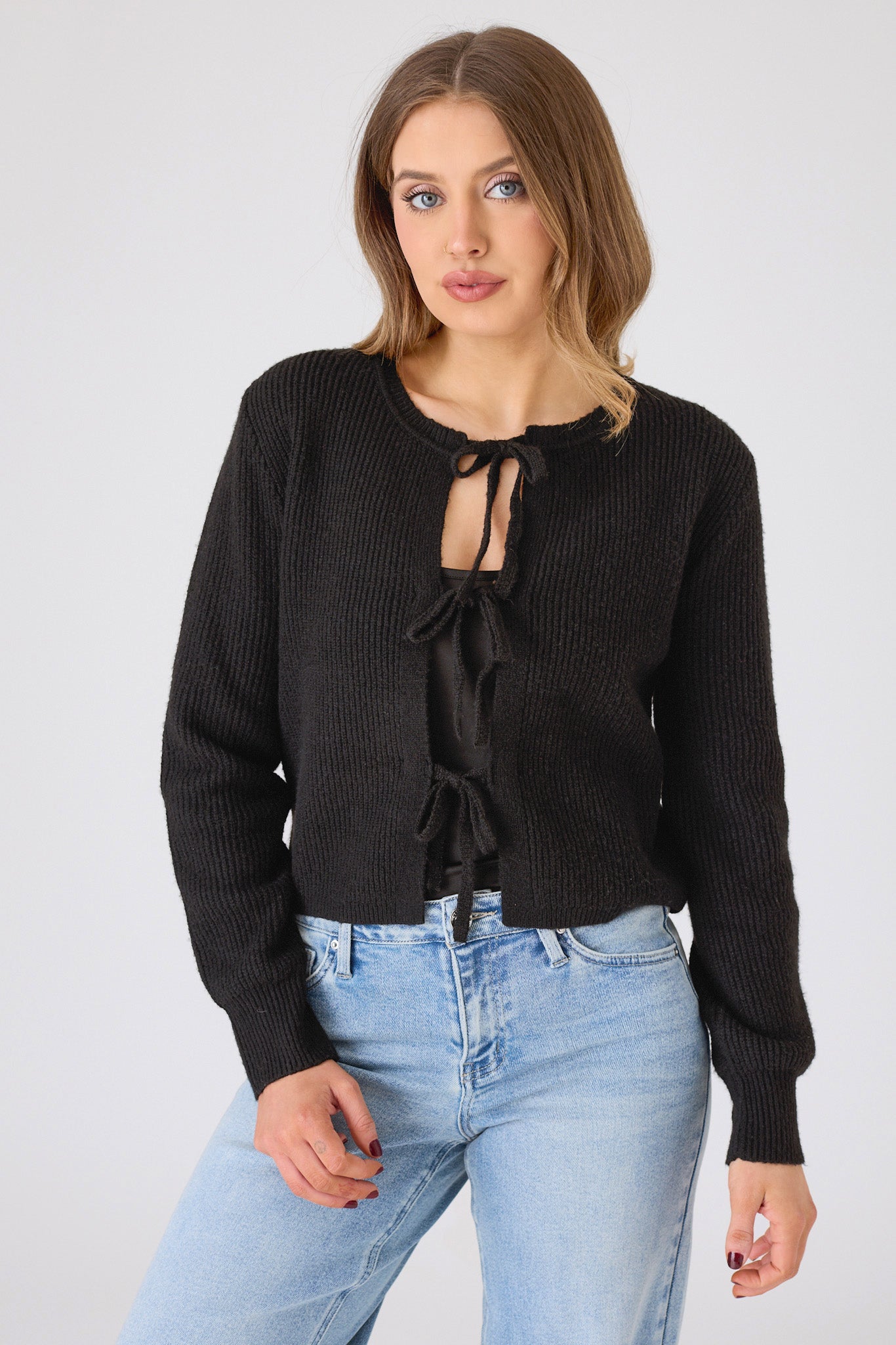 Ribbed Cardigan with Triple Bow Front