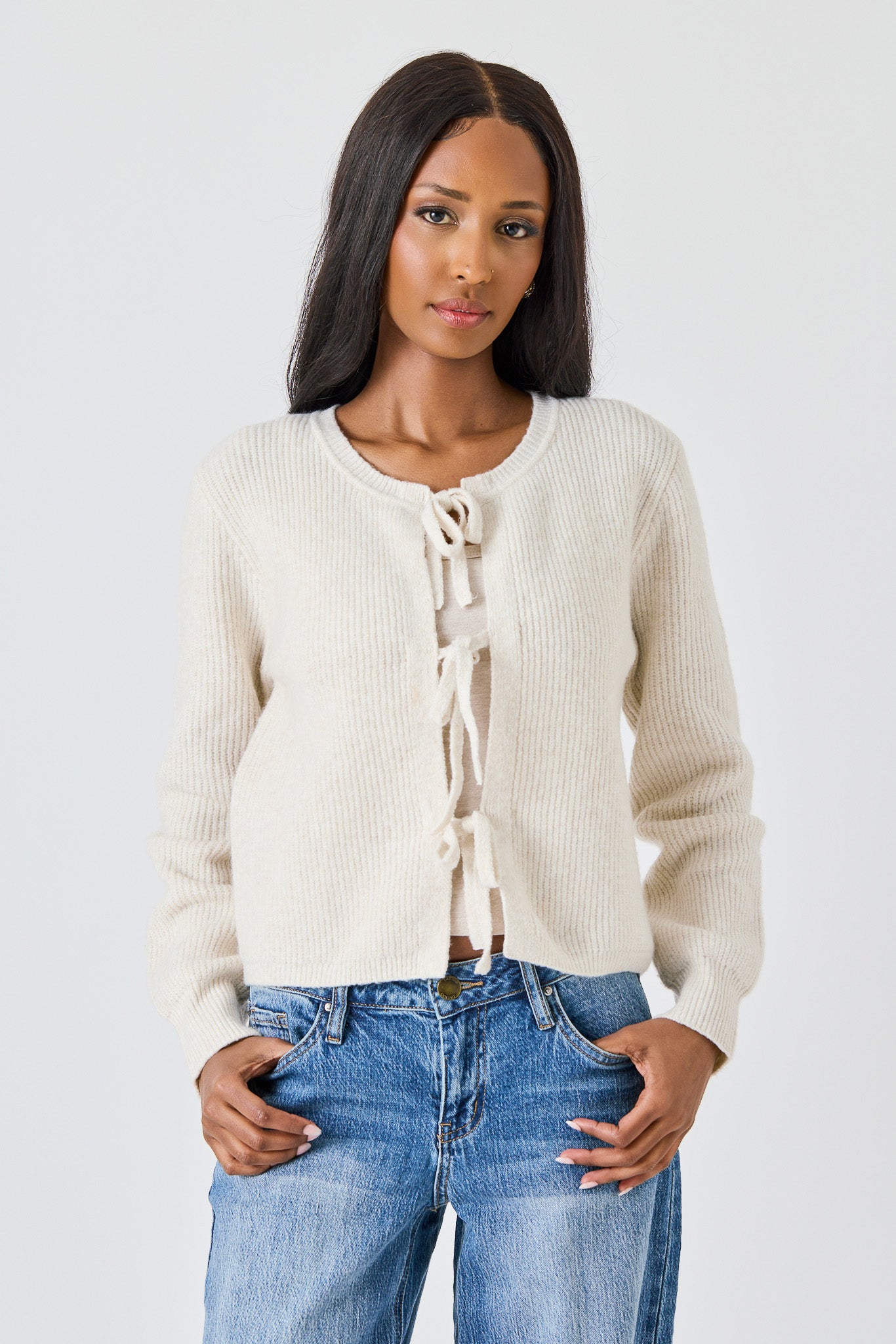 Ribbed Cardigan with Triple Bow Front