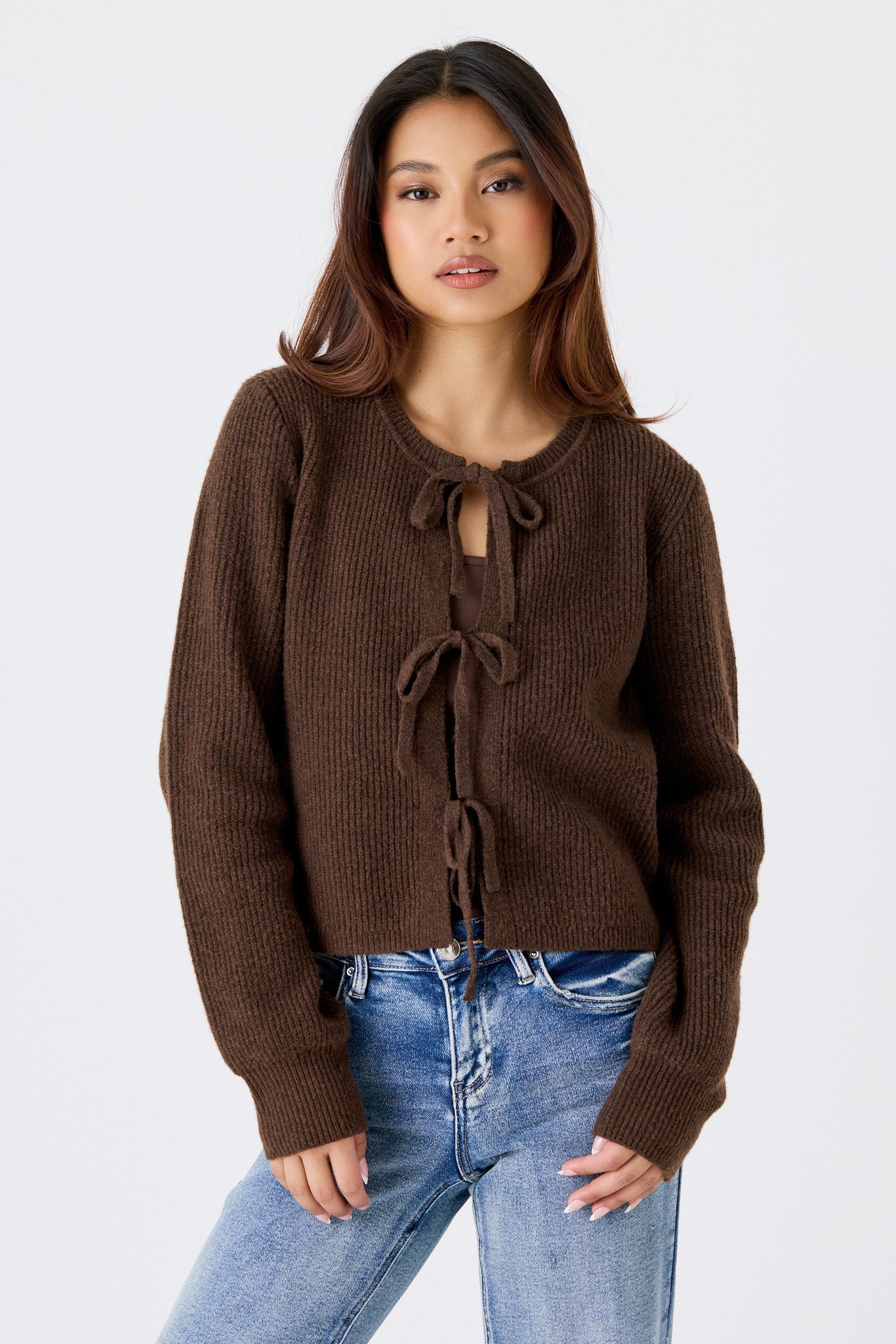 Ribbed Cardigan with Triple Bow Front