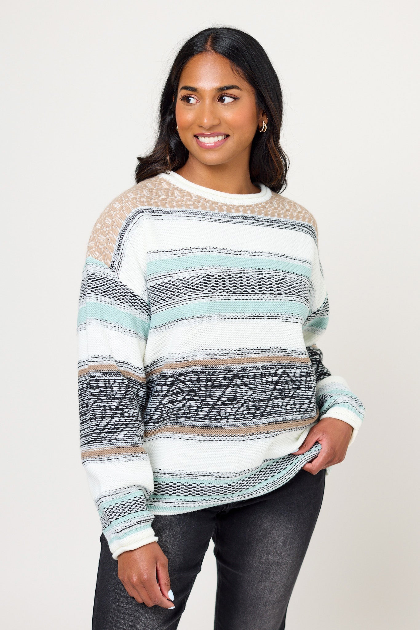 Striped Knit Balloon-Sleeve Sweater