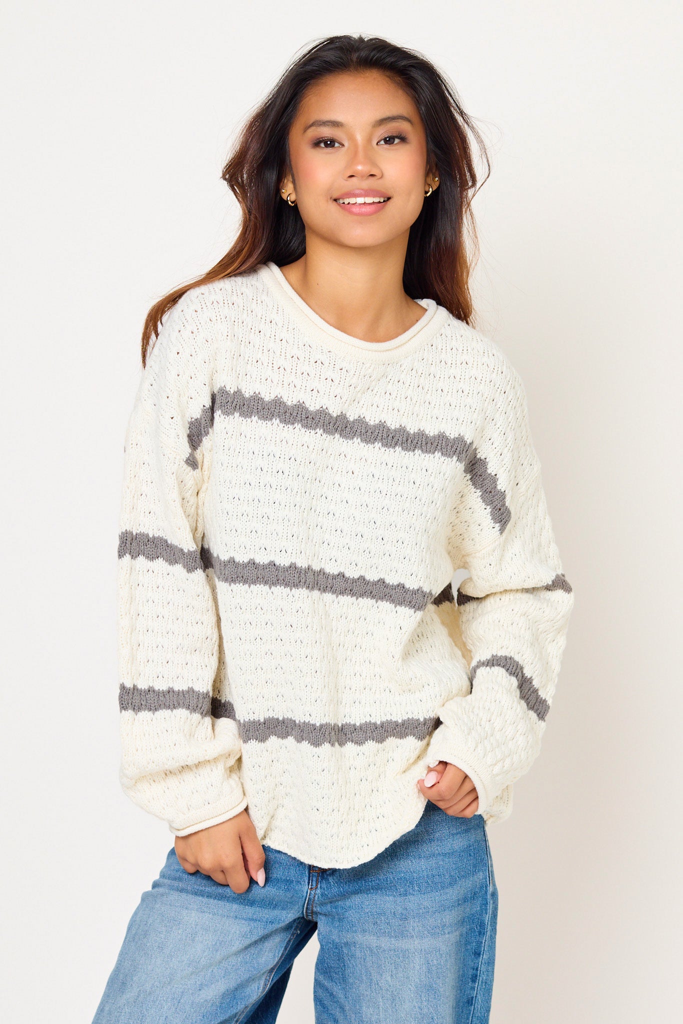 Striped Novelty Knit Balloon-Sleeve Sweater