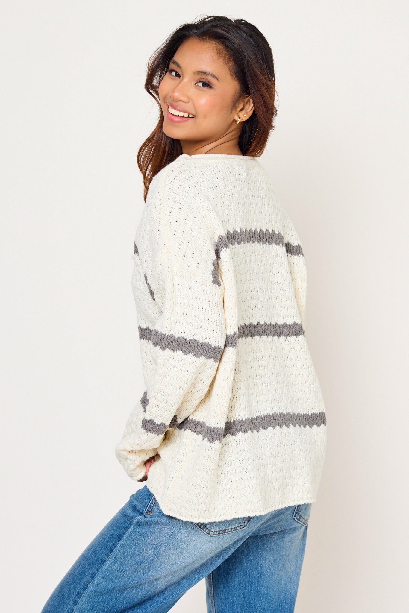 Striped Novelty Knit Balloon-Sleeve Sweater