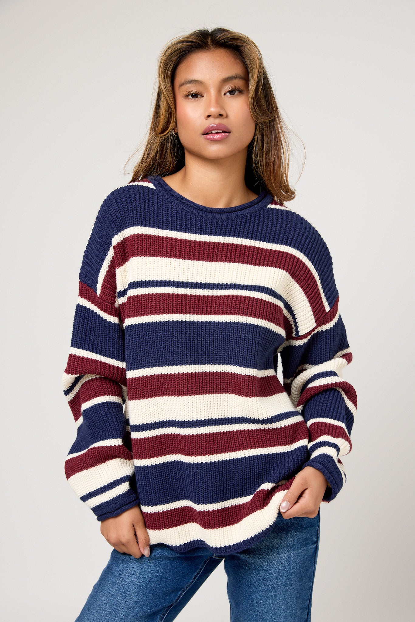 Striped Balloon-Sleeve Sweater