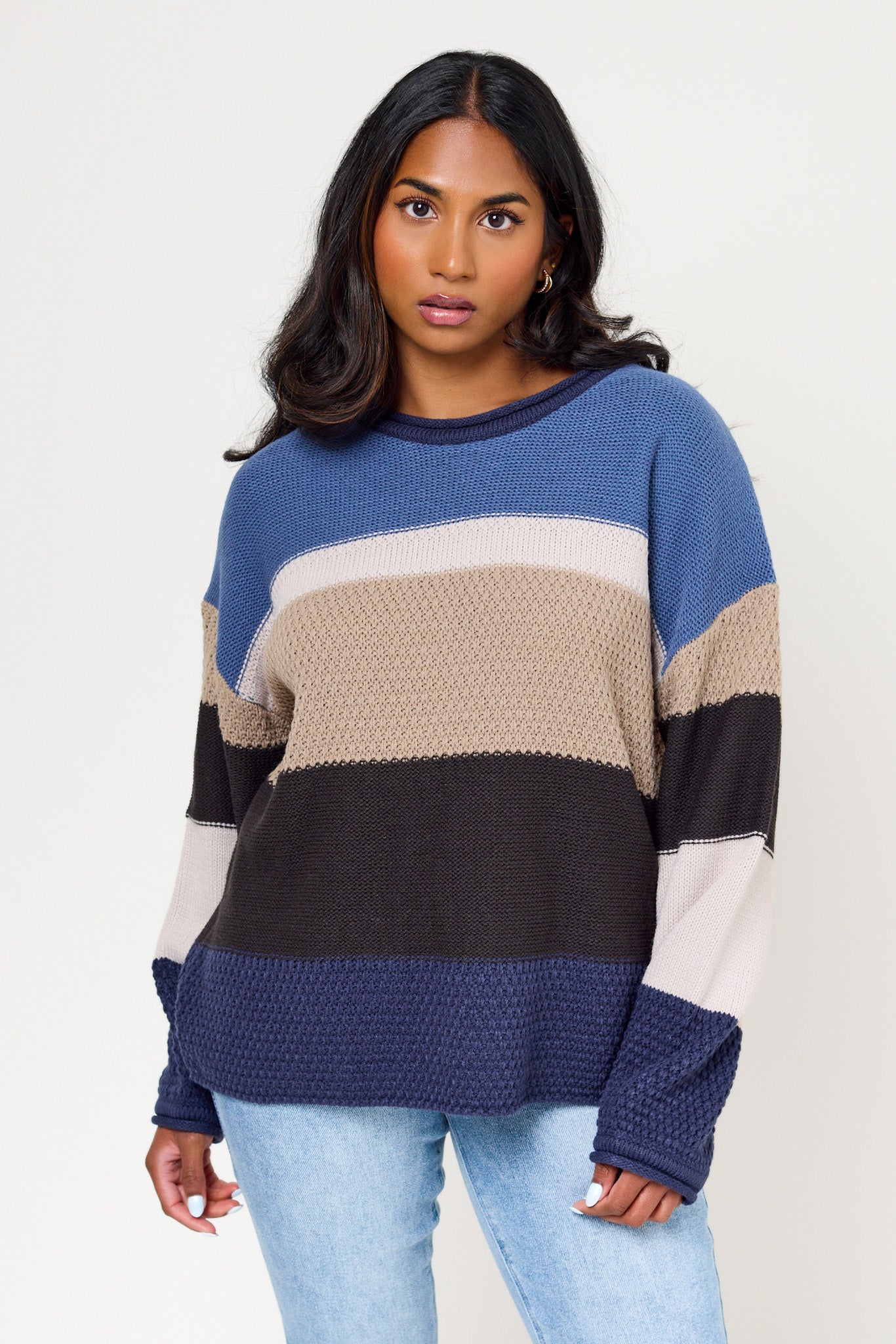 Textured Stripe Balloon-Sleeve Sweater
